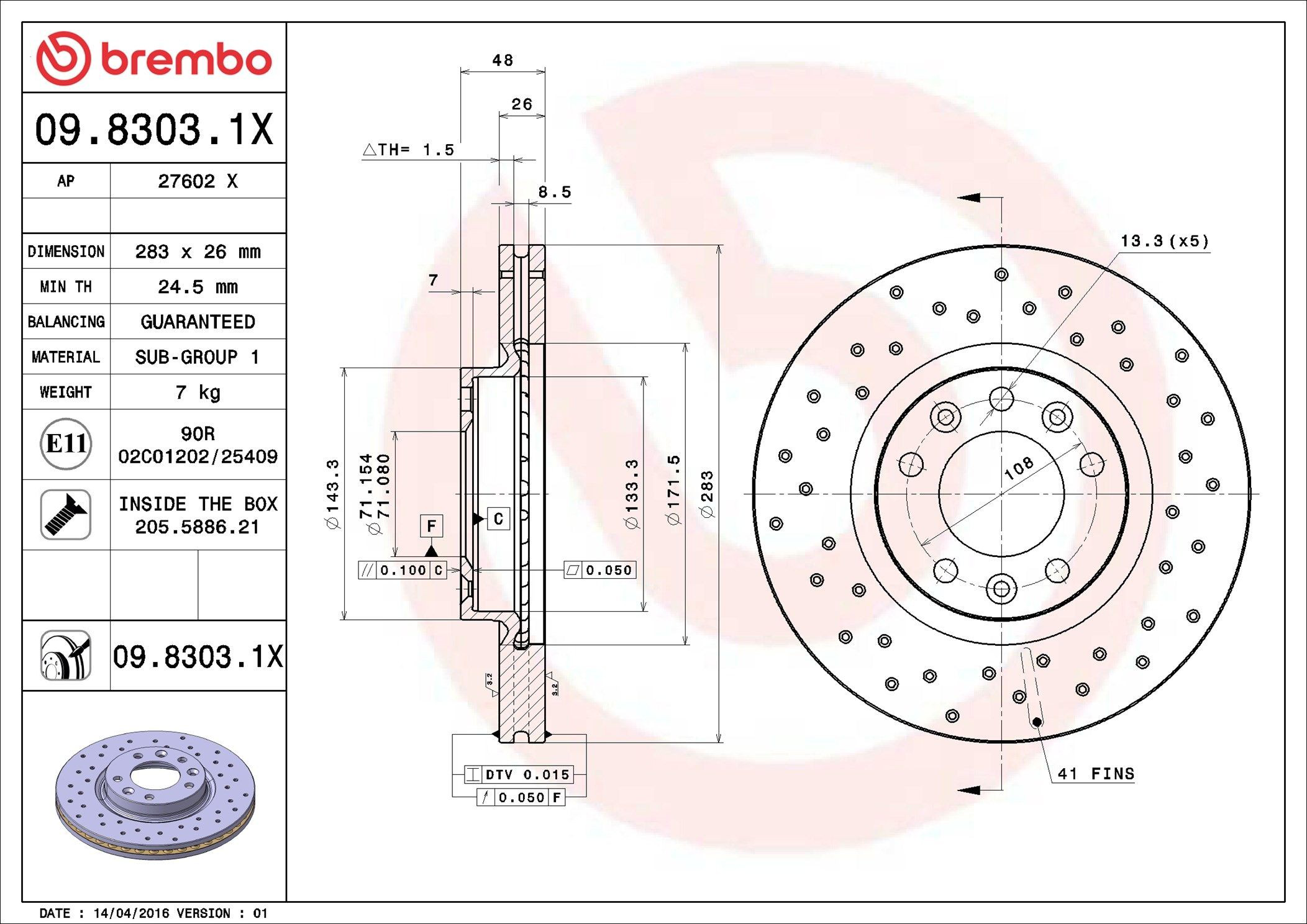 Передние тормозные диски 0983031X Brembo