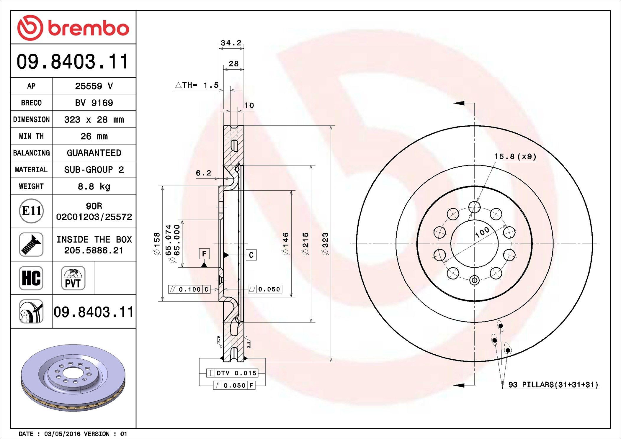 09840311 Brembo Диск тормозной передний