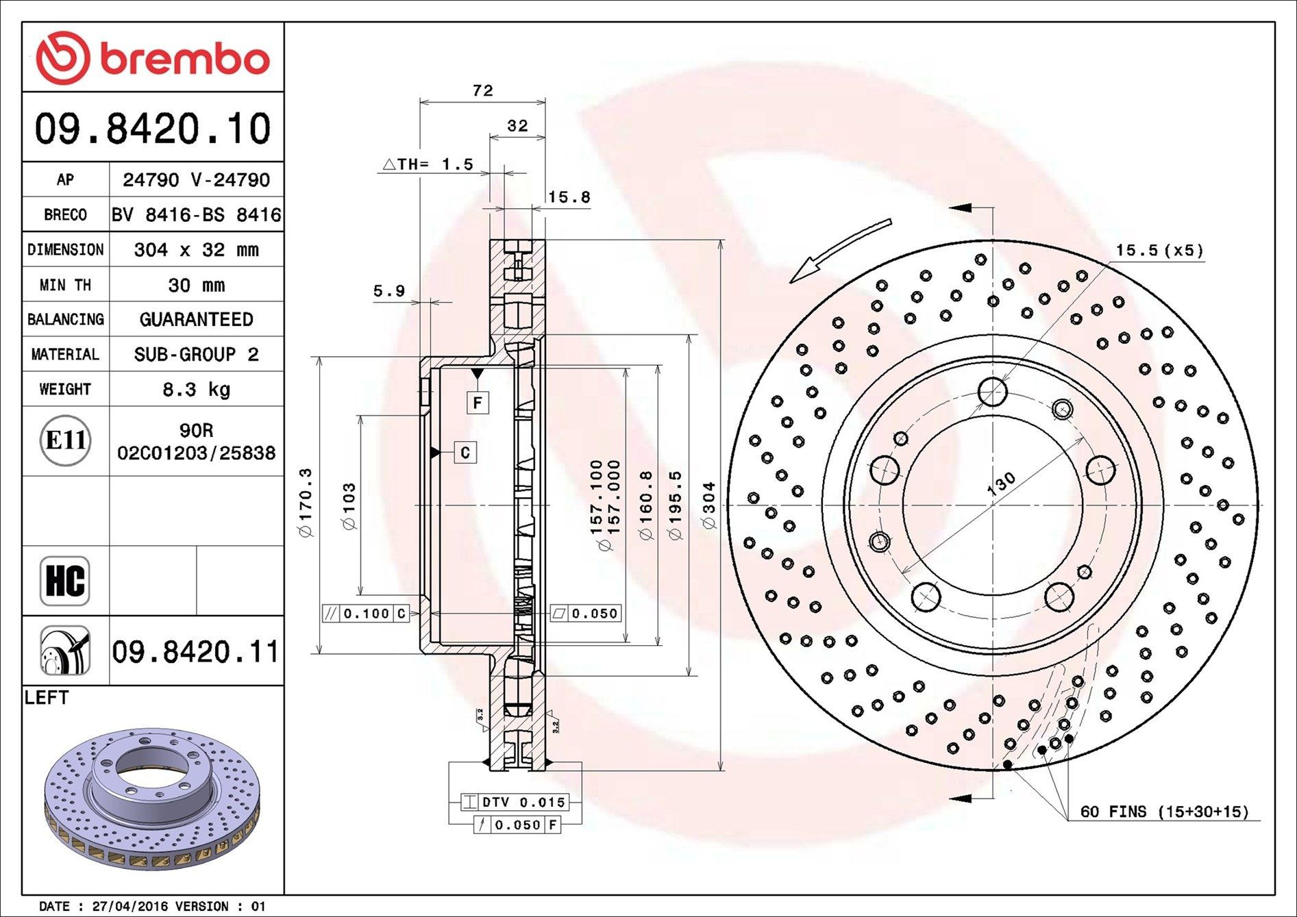 Тормоз дисковый передний Brembo 09842011 цена, от 62.30 USD