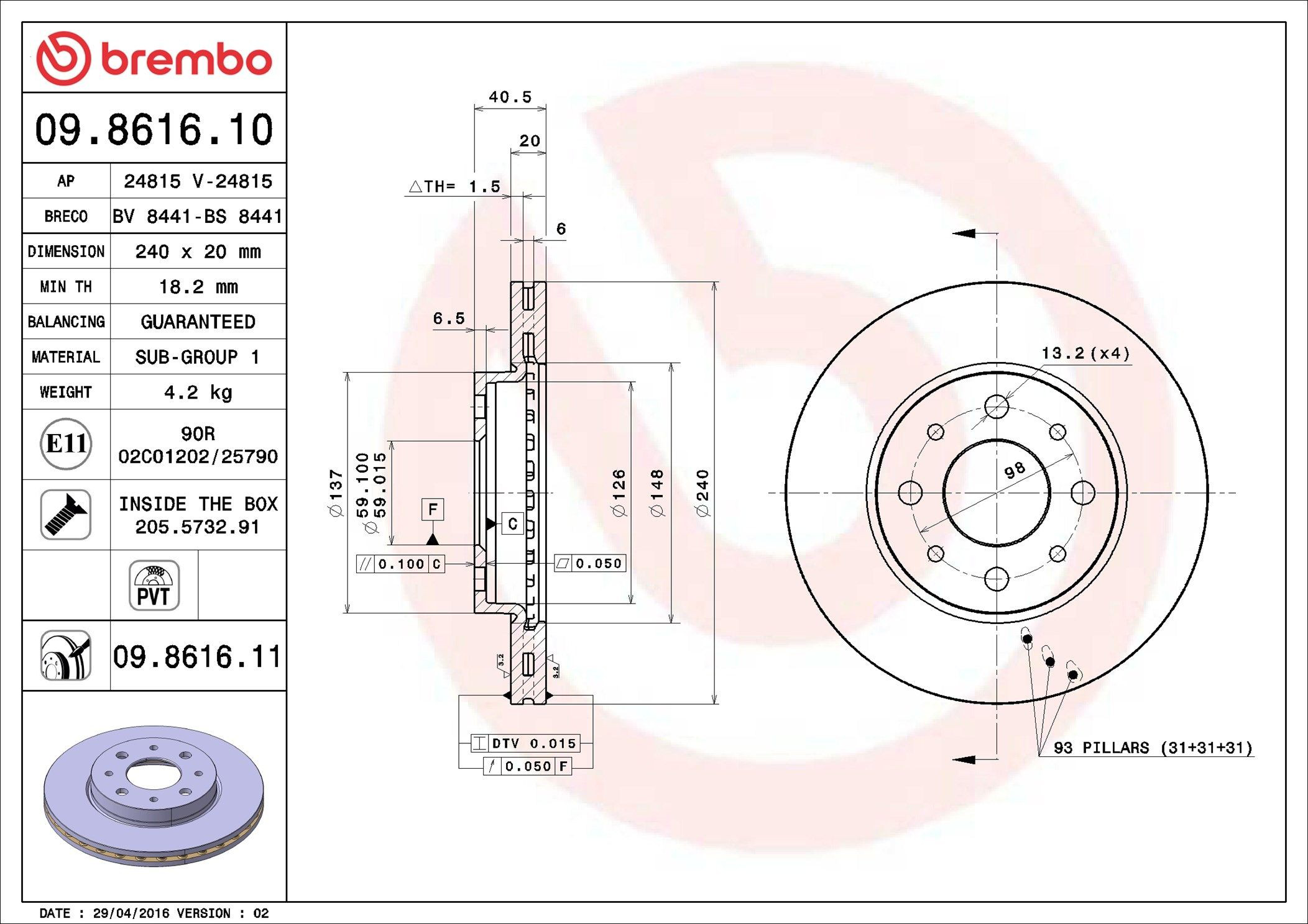 09861611 Brembo Диск тормозной передний