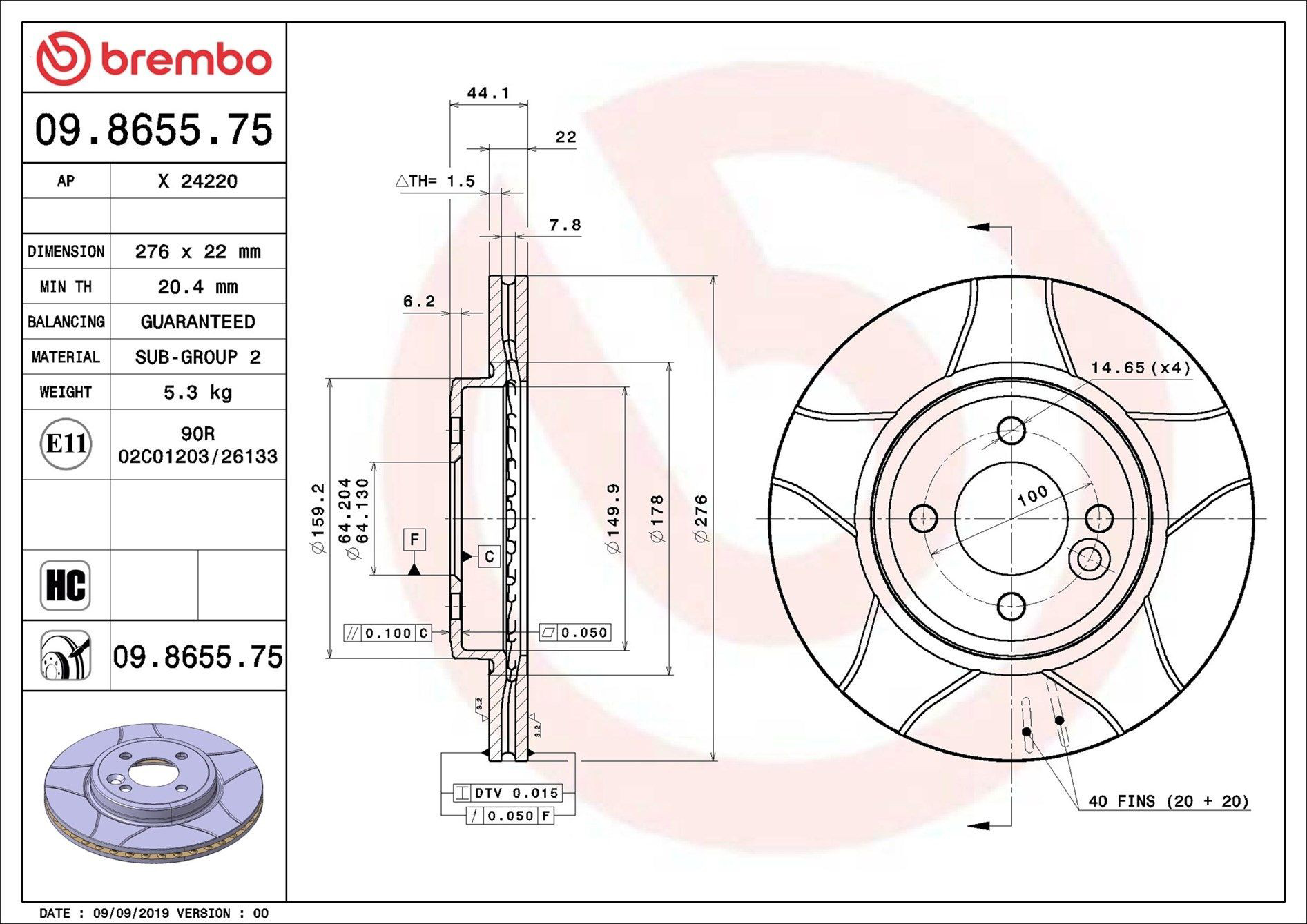 Передние тормозные диски 09865575 Brembo
