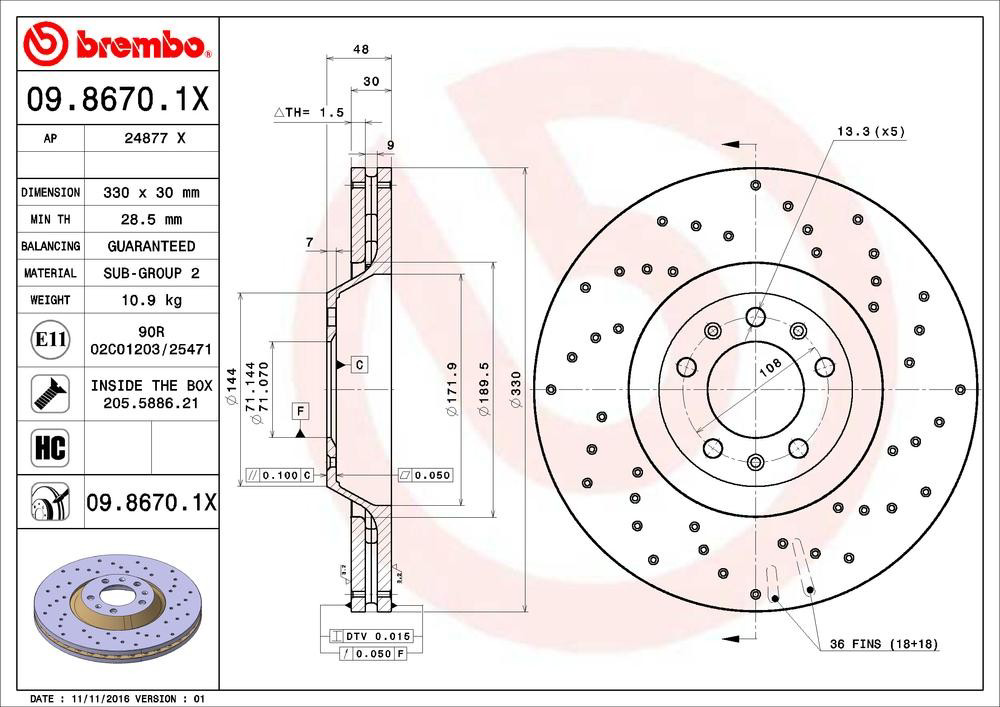 Передние тормозные диски 0986701X Brembo