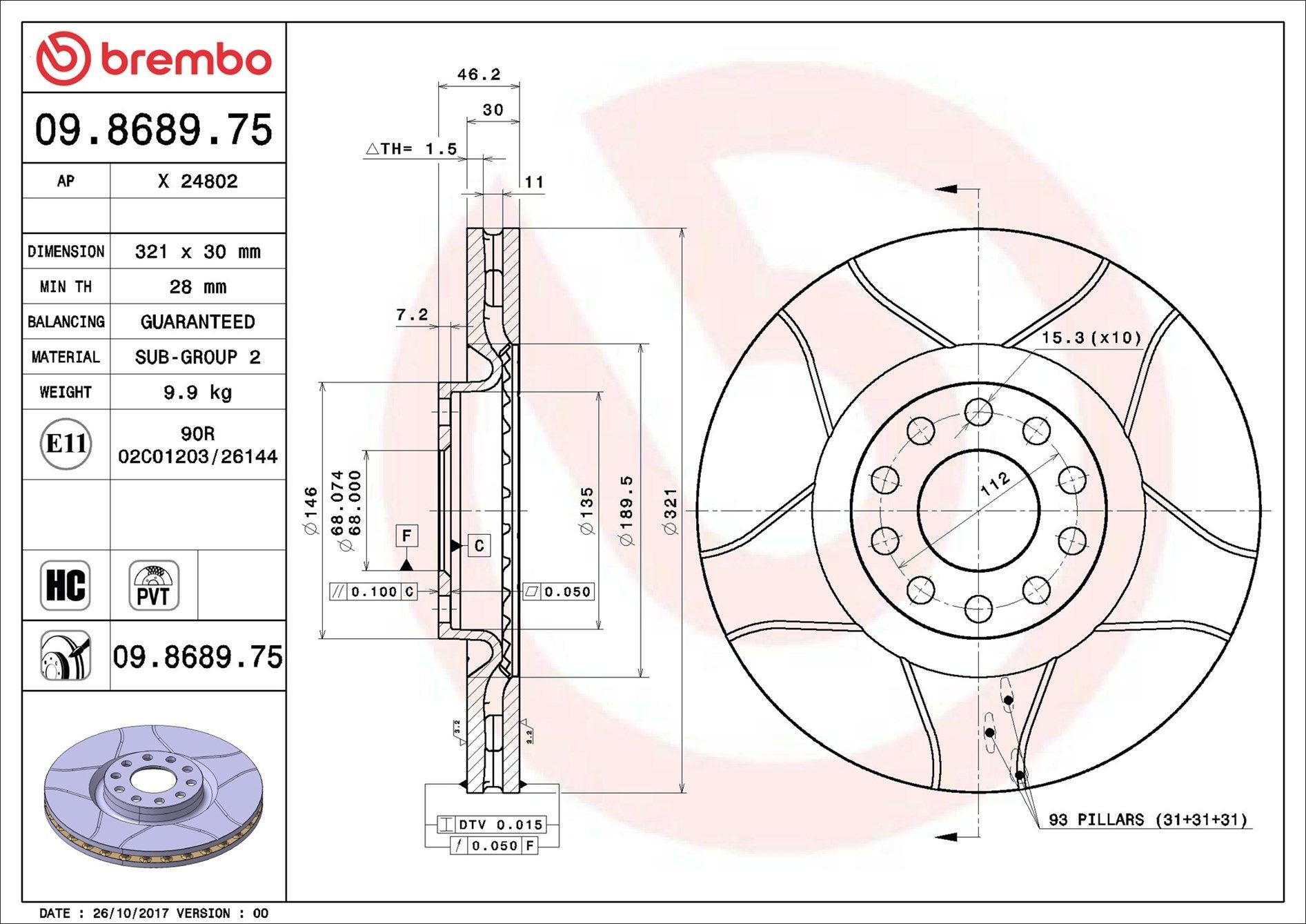 Передние тормозные диски 09868975 Brembo