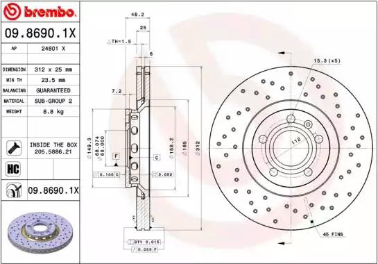Передние тормозные диски 0986901X Brembo