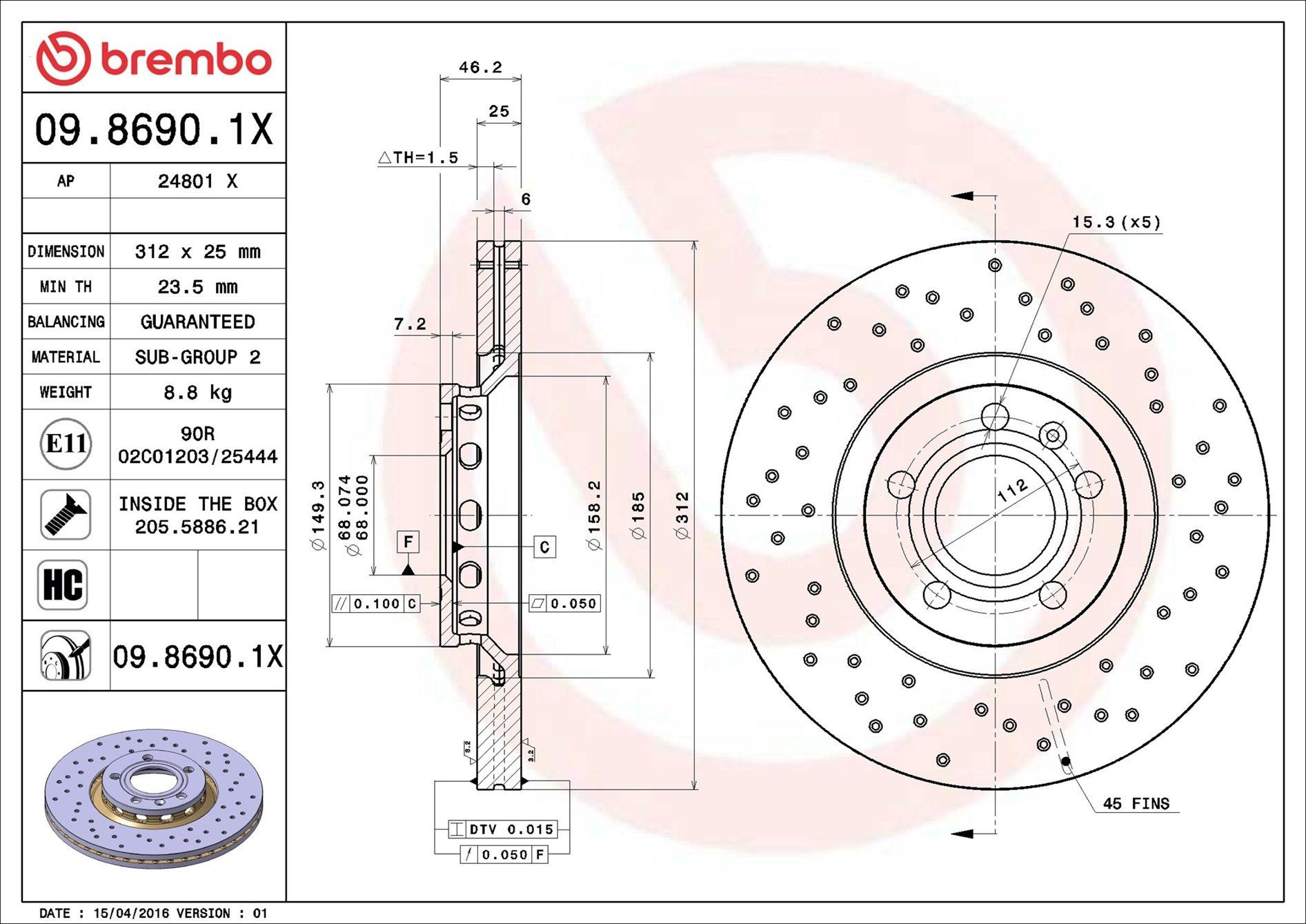 Тормоз дисковый передний Brembo 0986901X цена, от 53.76 USD