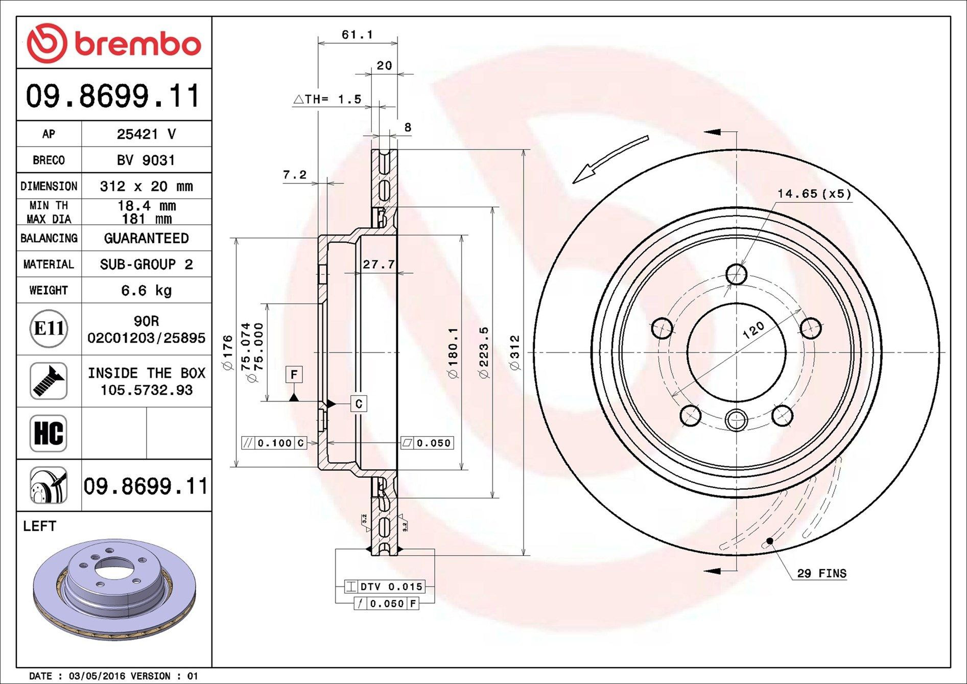Задний тормозной диск Brembo 09869911 цена, от 71.22 USD