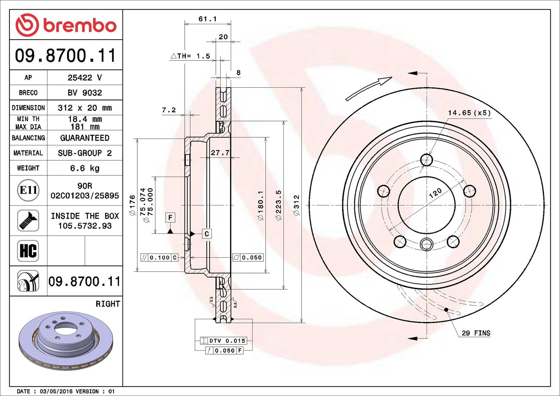 Задний тормозной диск Brembo 09870011 цена, от 38.54 USD