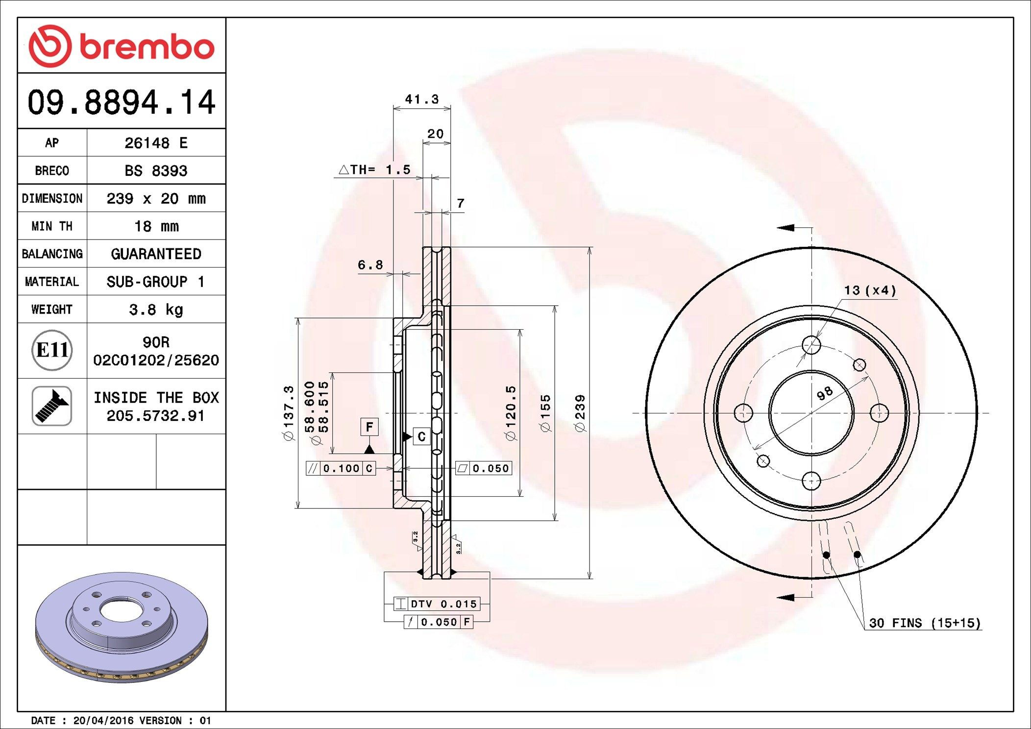 Тормоз дисковый передний Brembo 09889414 цена, от 25.84 USD