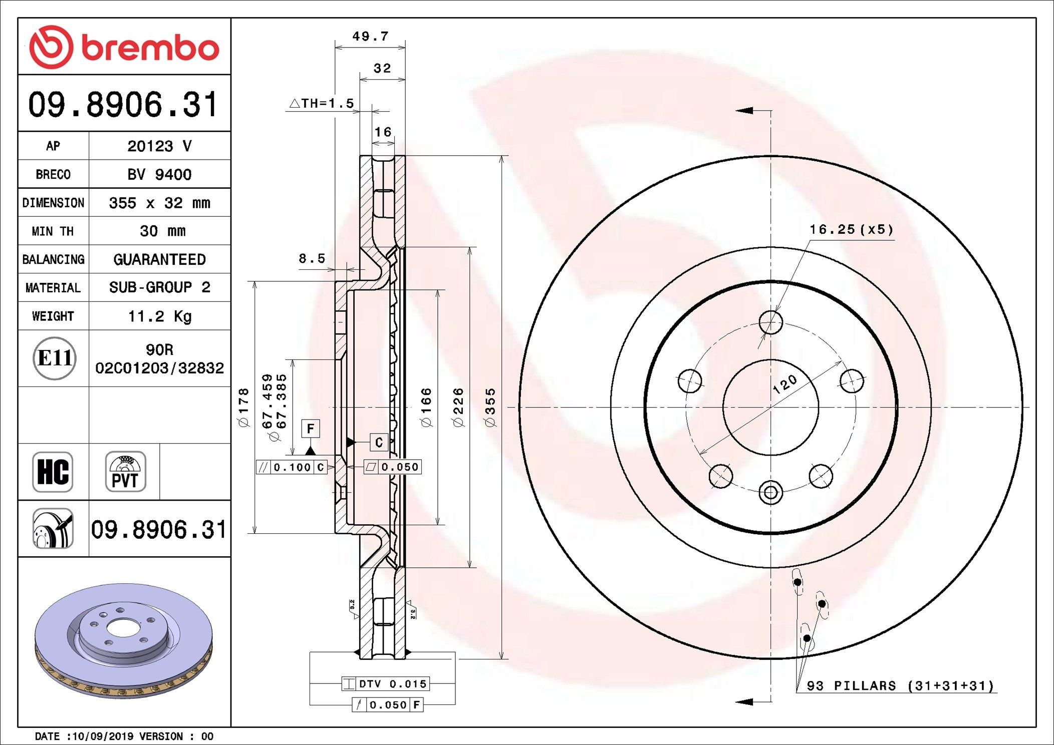 Передние тормозные диски 09890631 Brembo