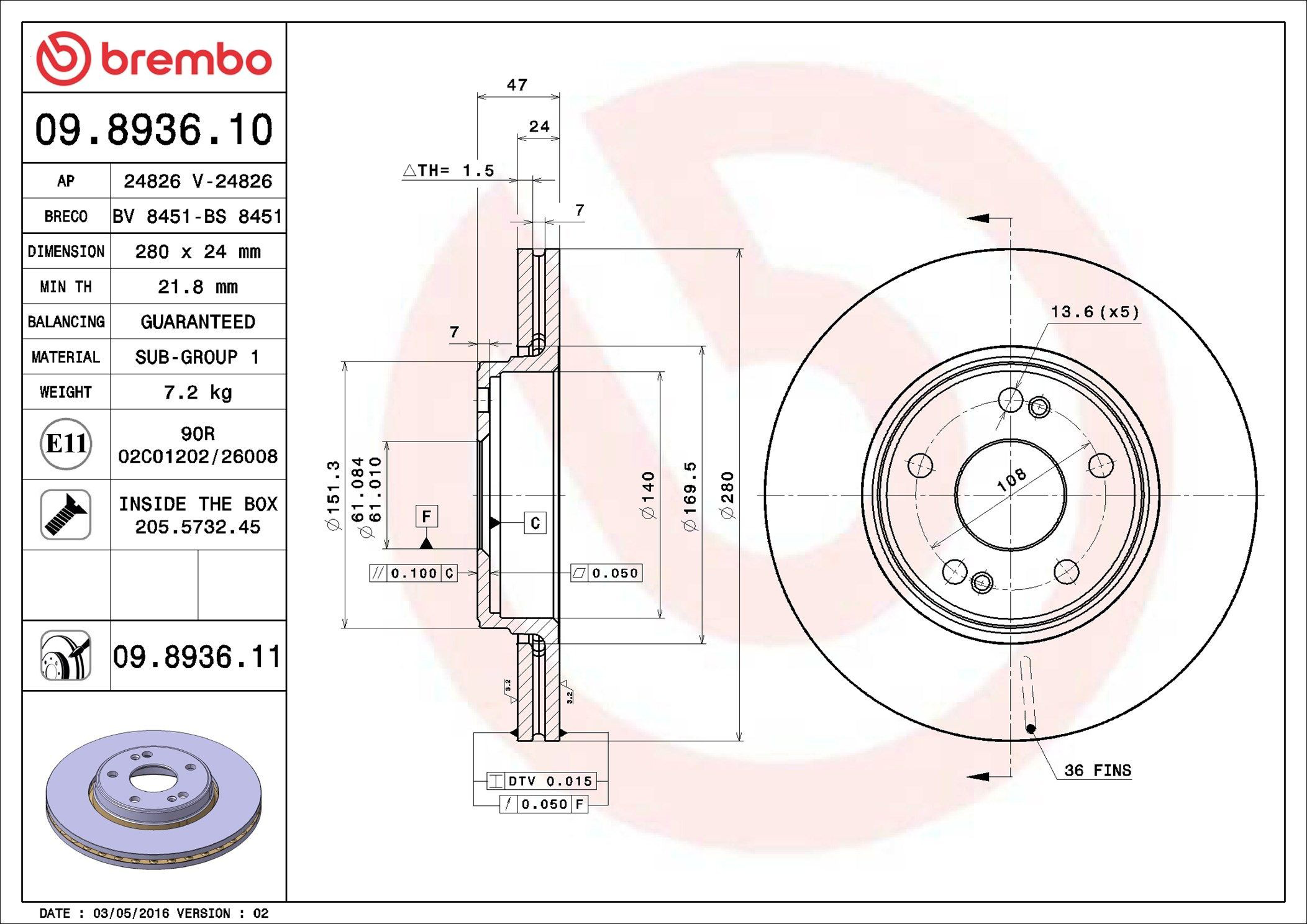 Тормоз дисковый передний Brembo 09893611 цена, от 43.82 USD