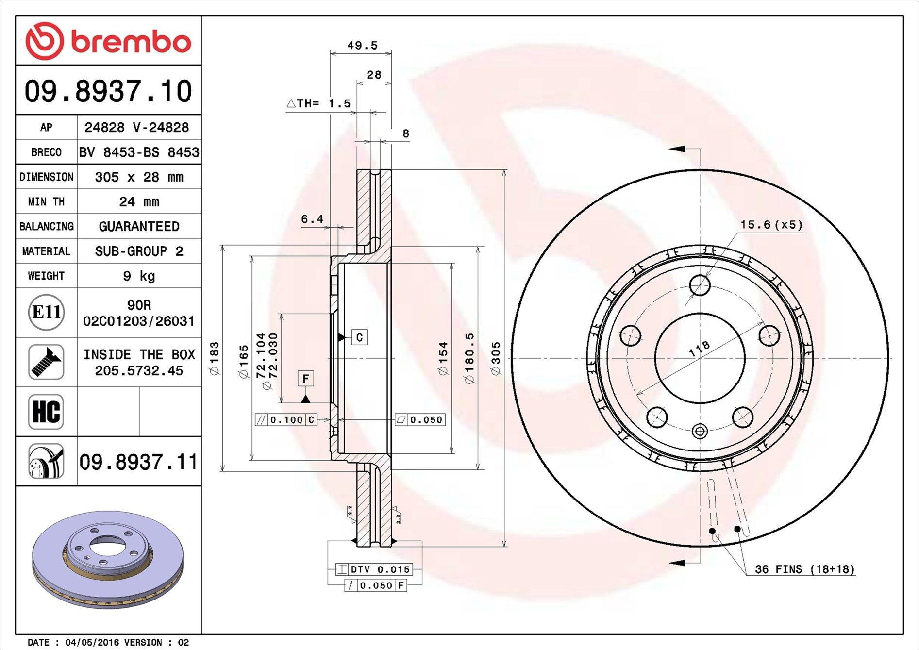 Тормоз дисковый передний Brembo 09893710 цена, от 62.33 USD