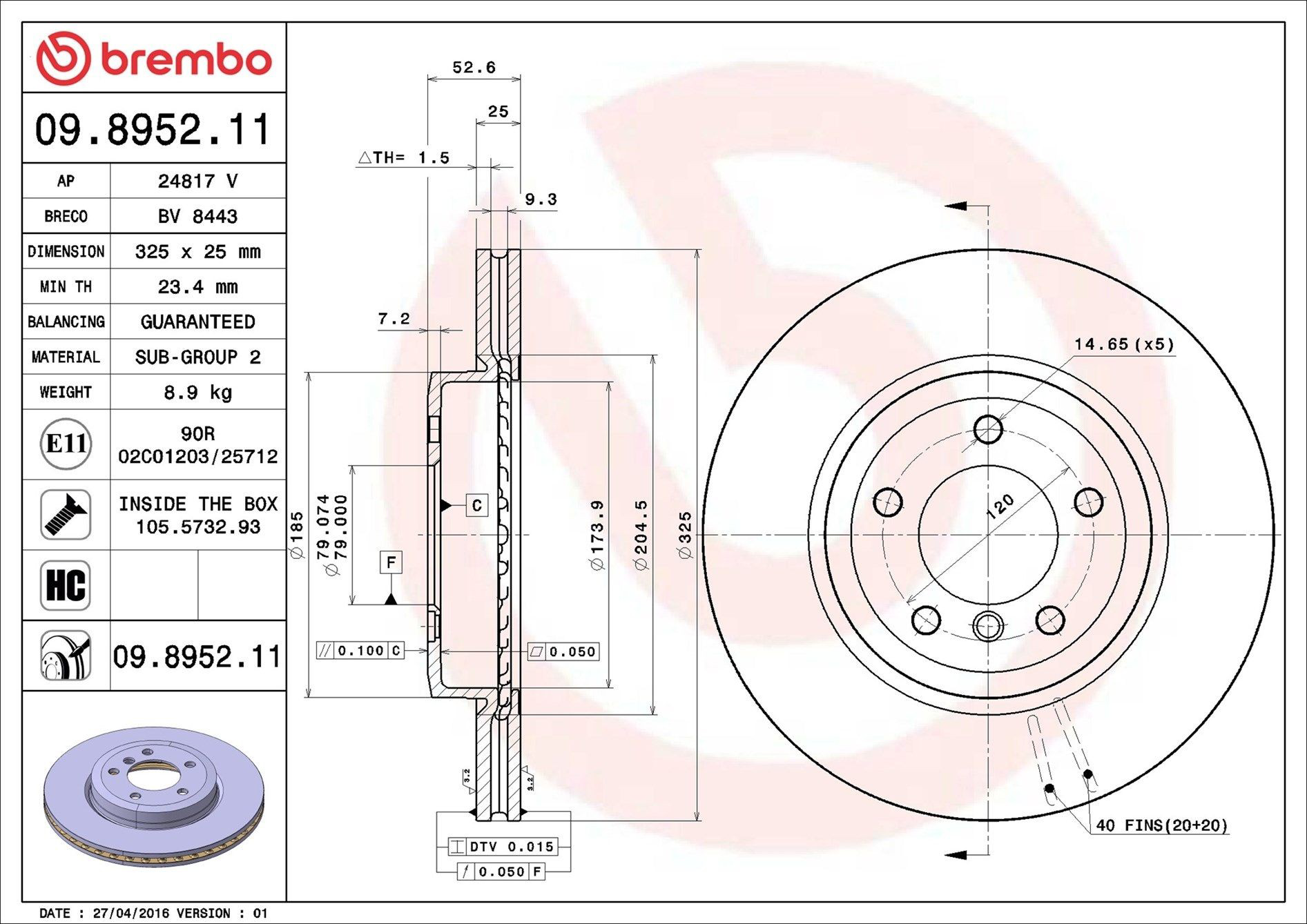 Тормоз дисковый передний Brembo 09895211 цена, от 69.32 USD