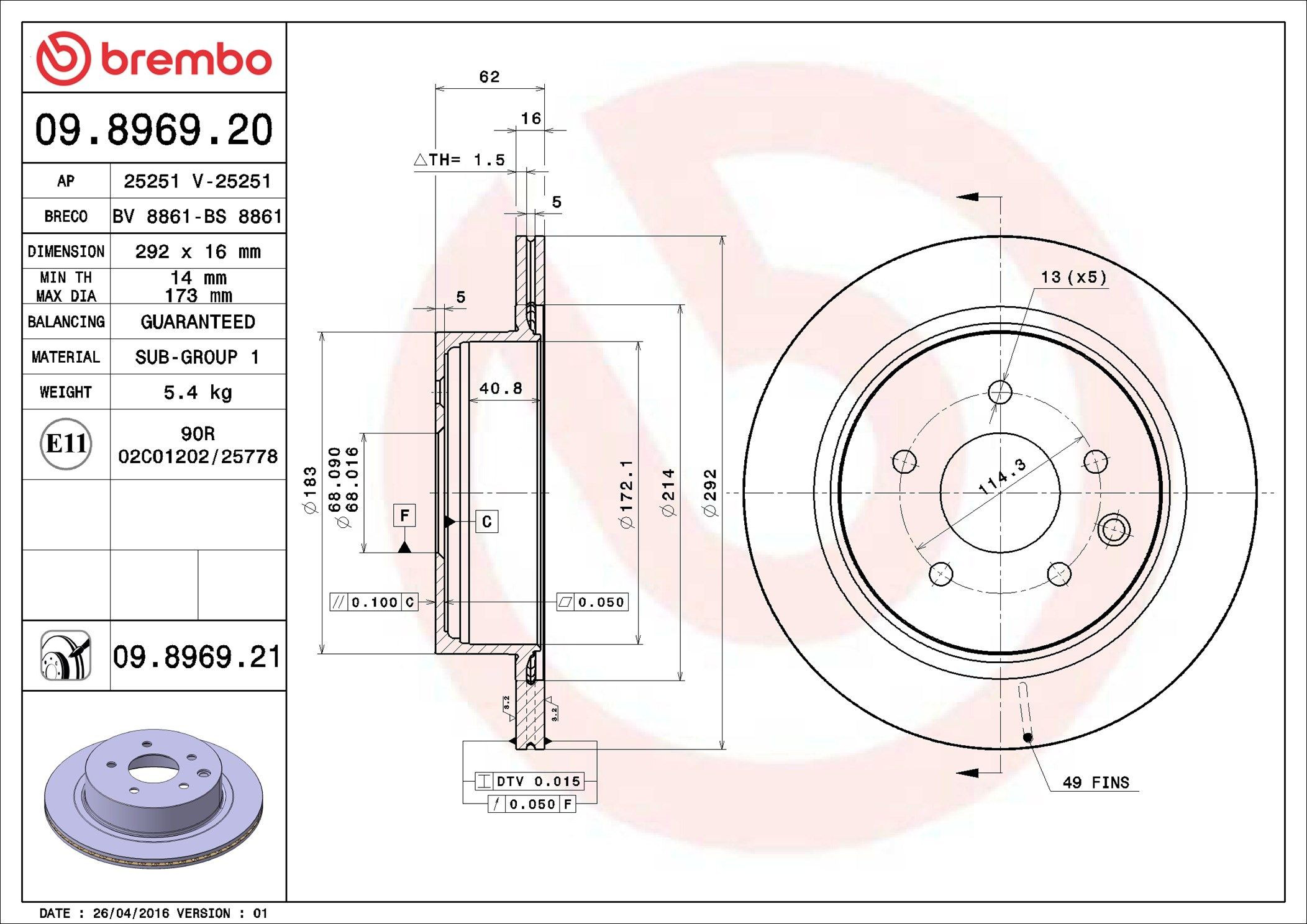 Задний тормозной диск Brembo 09896920 цена, от 47.76 USD