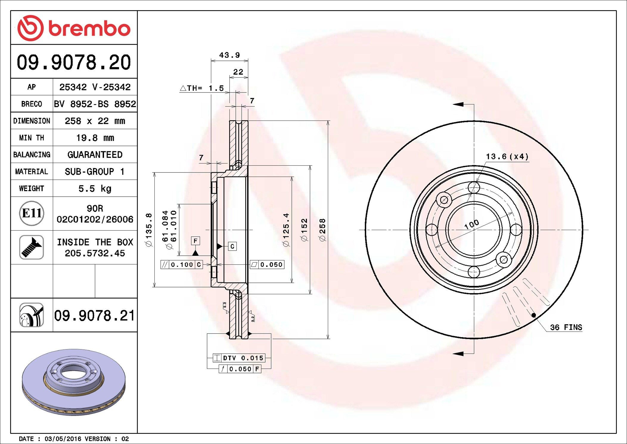 Тормоз дисковый передний Brembo 09907821 цена, от 64.04 USD