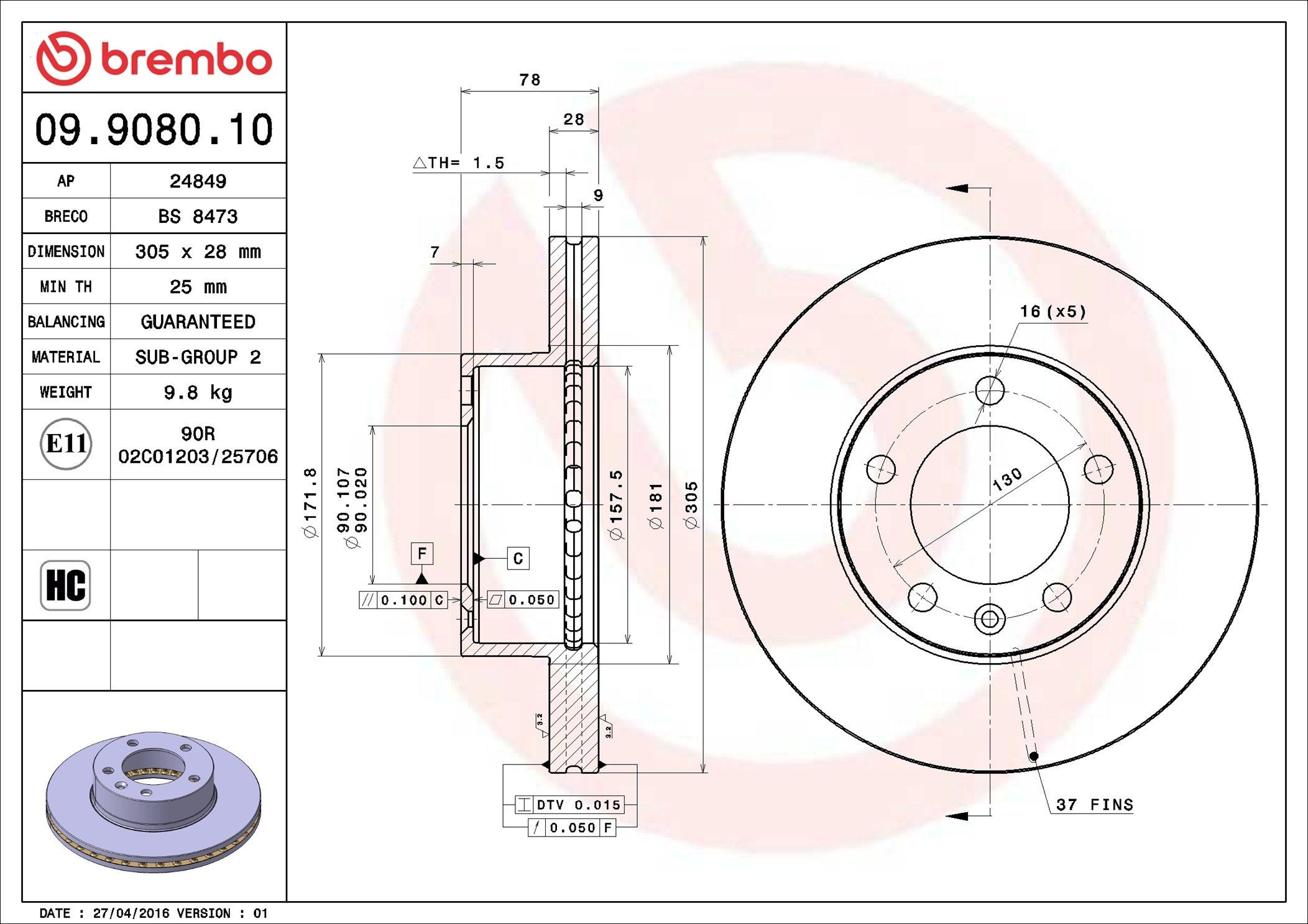 Тормоз дисковый передний Brembo 09908010 цена, от 43.25 USD