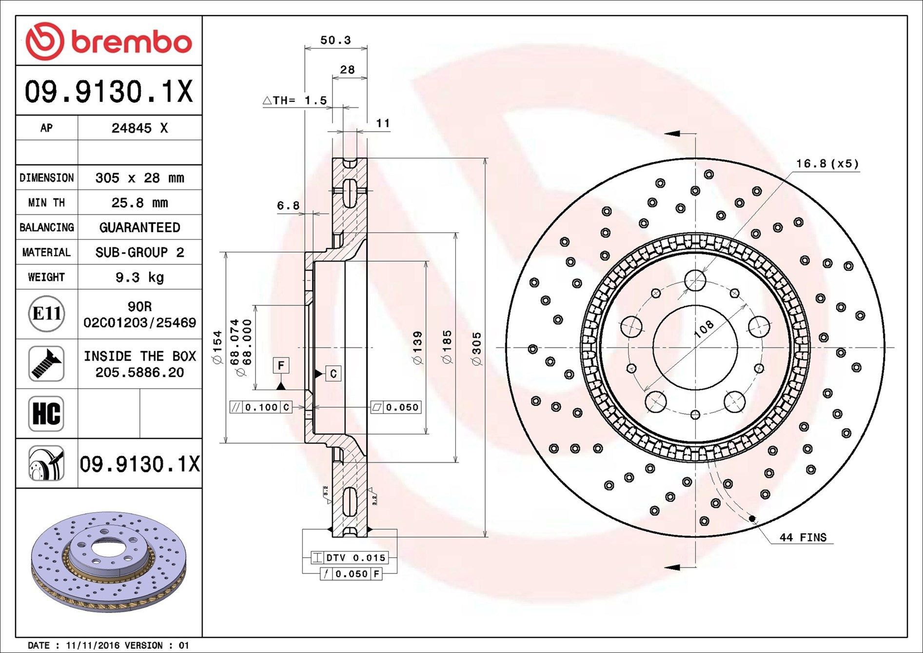 Тормоз дисковый передний Brembo 0991301X цена, от 64.48 USD