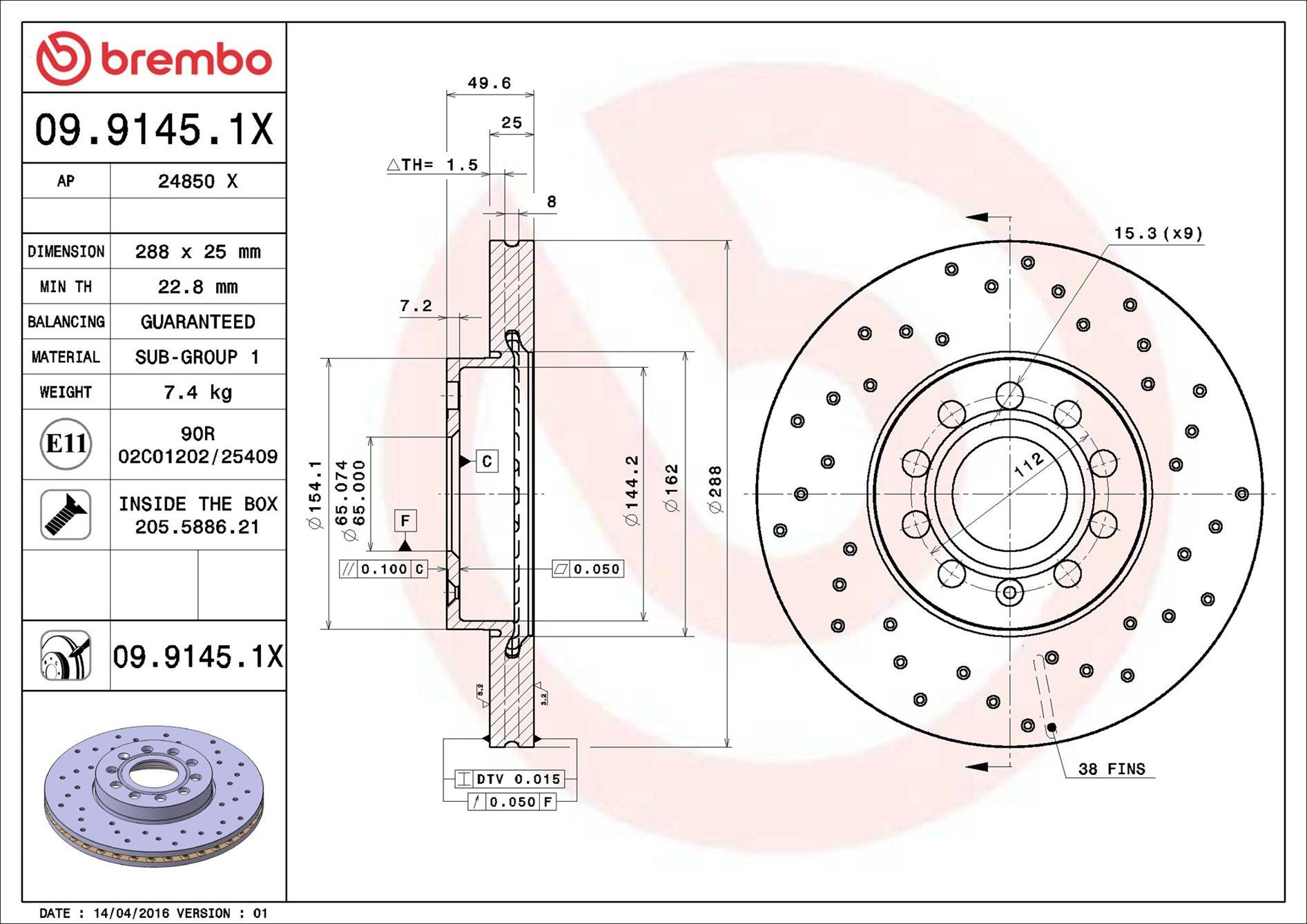 Ремкомплект передних тормозов Brembo 0991451X