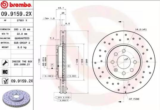 Передние тормозные диски 0991592X Brembo