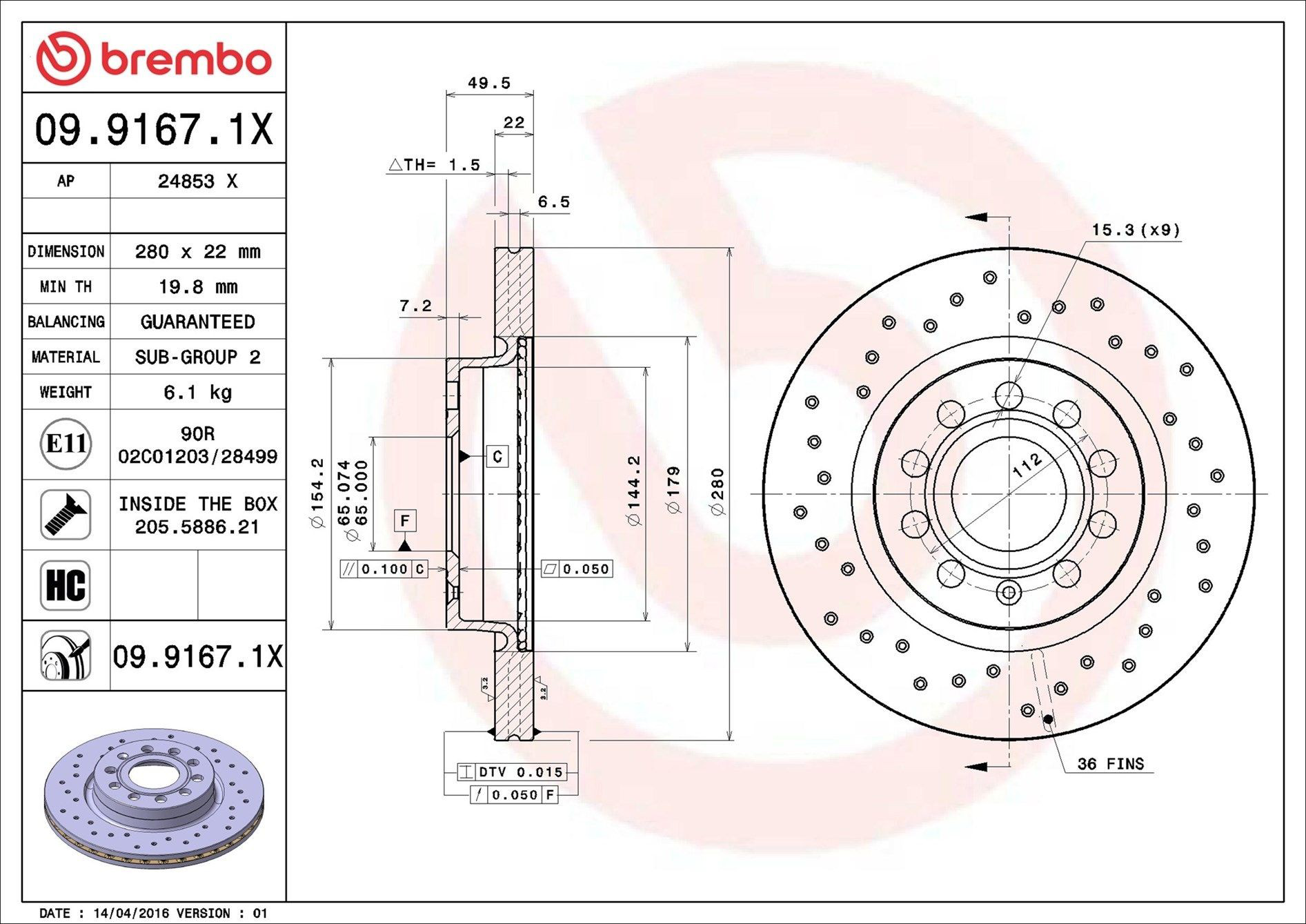 Тормоз дисковый передний Brembo 0991671X цена, от 35.13 USD