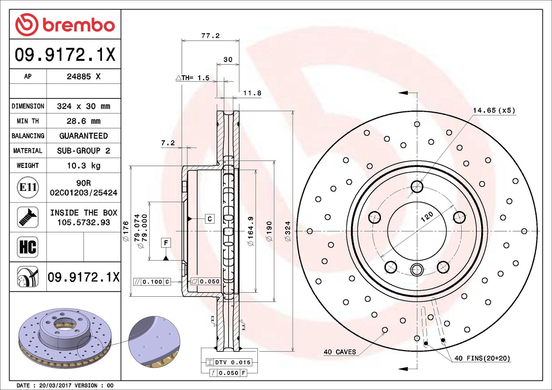 Тормоз дисковый передний Brembo 0991721X цена, от 103.20 USD