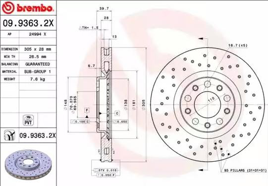 Тормоз дисковый передний Brembo 0993632X цена, от 49.18 USD