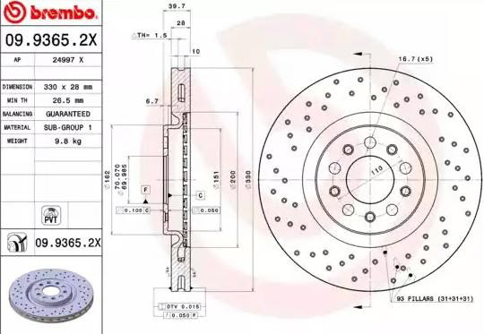 Передний тормозной диск Brembo 0993652X