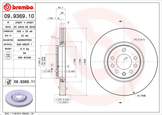 Тормоз дисковый передний Brembo 09936911 цена, от 68.90 USD