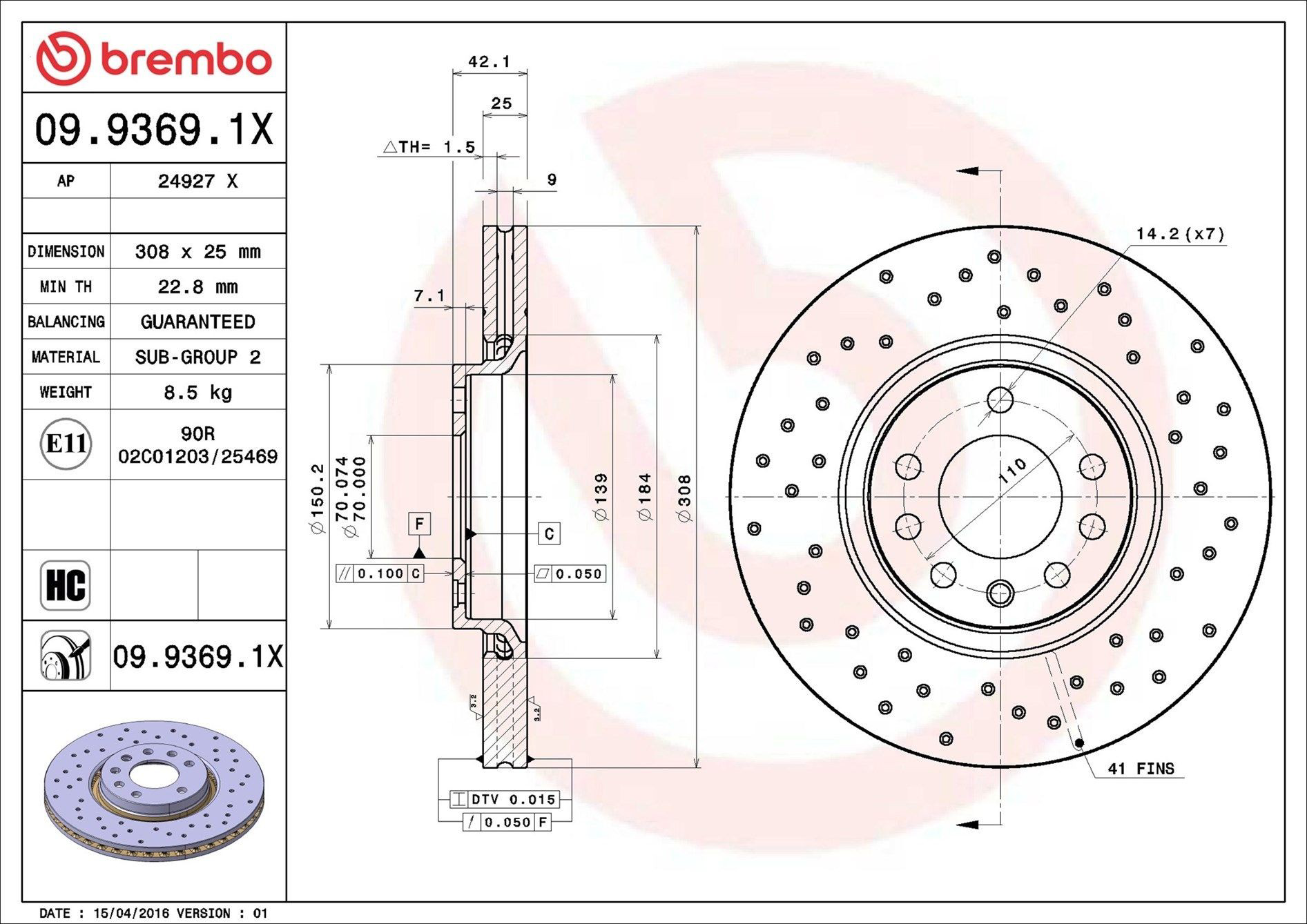 Тормоз дисковый передний Brembo 0993691X цена, от 57.12 USD