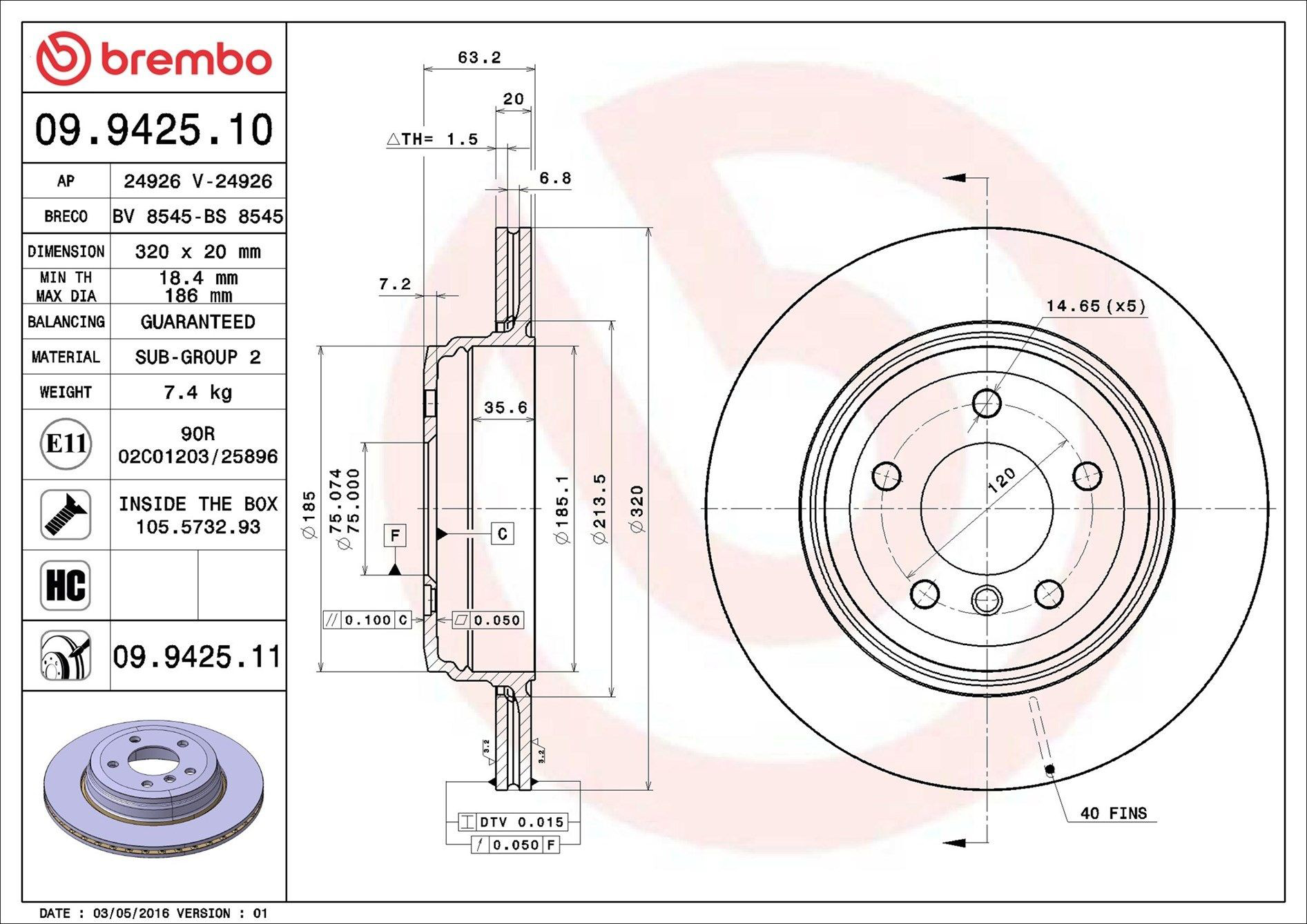 Задний тормозной диск Brembo 09942511 цена, от 64.62 USD