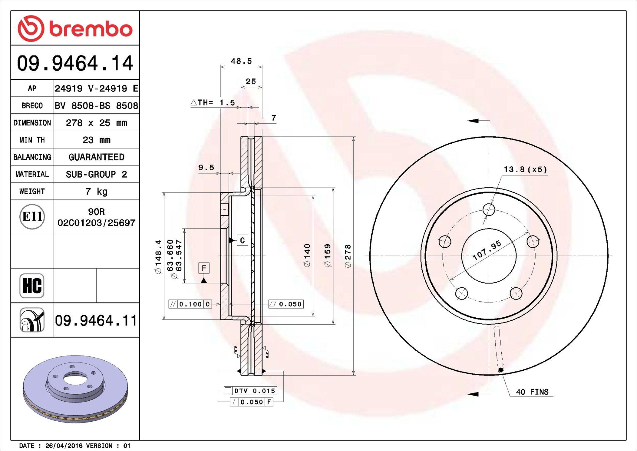 Передние тормозные диски 09946411 Brembo