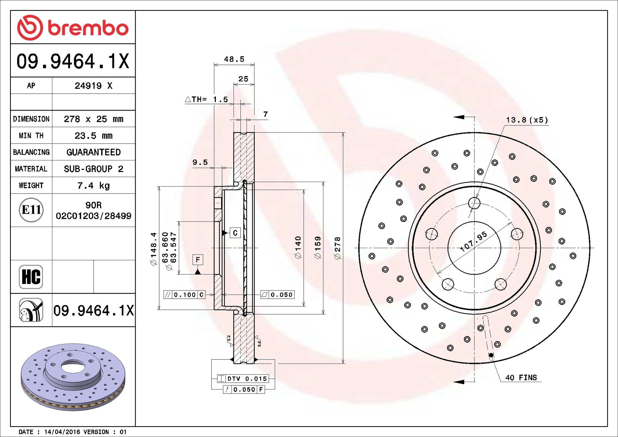Тормоз дисковый передний Brembo 0994641X цена, от 44.84 USD
