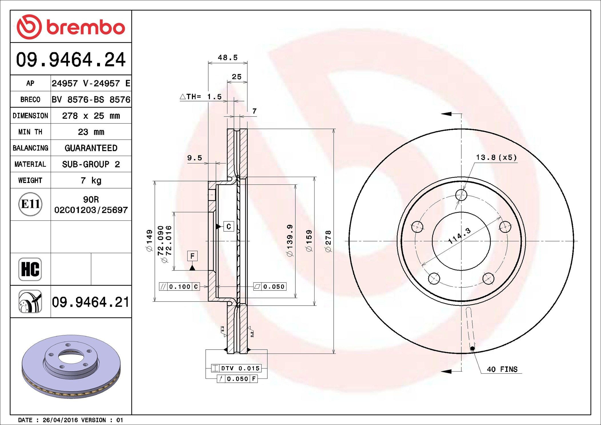 Тормоз дисковый передний Brembo 09946421 цена, от 50.73 USD