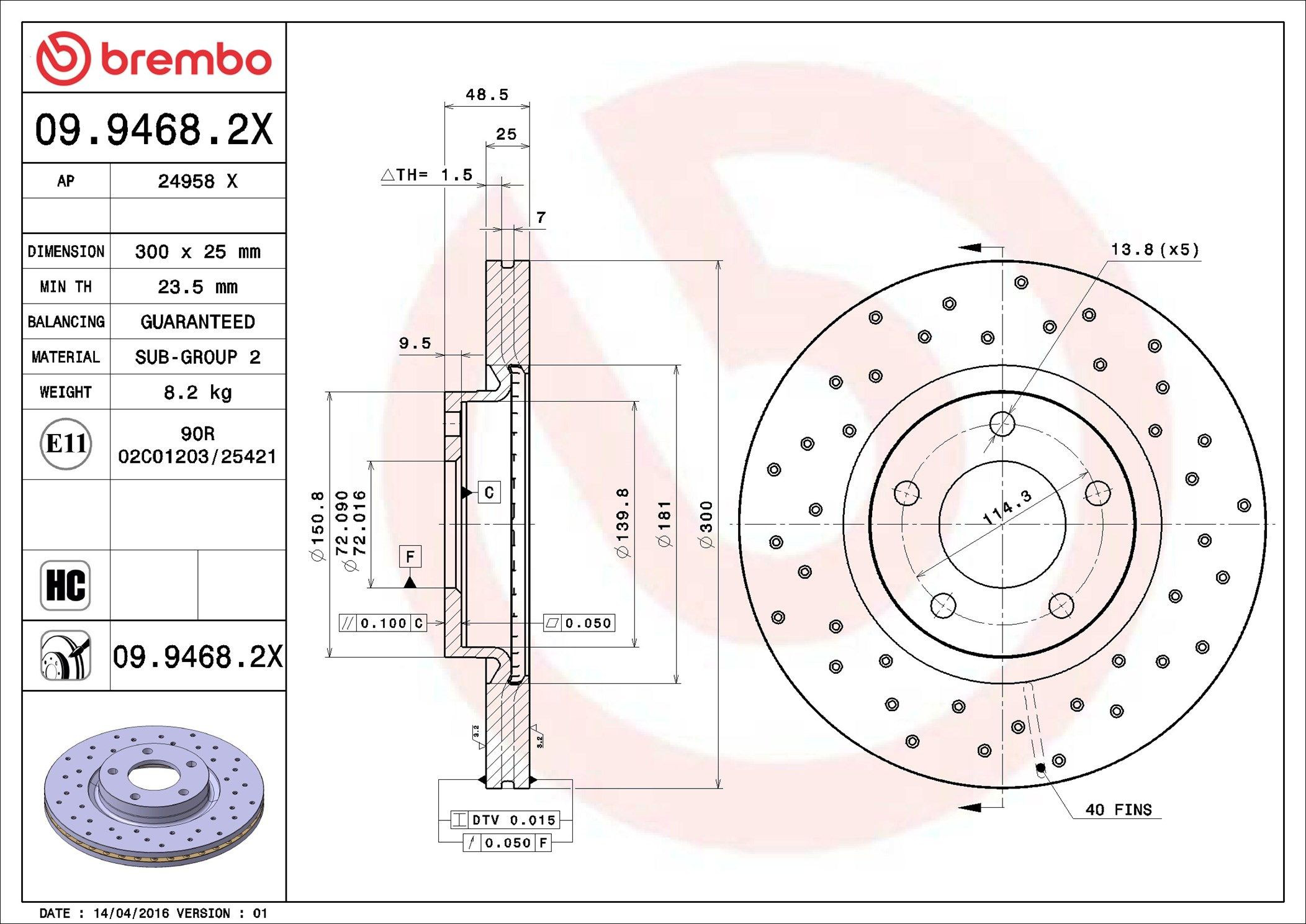 Тормоз дисковый передний Brembo 0994682X цена, от 50.09 USD
