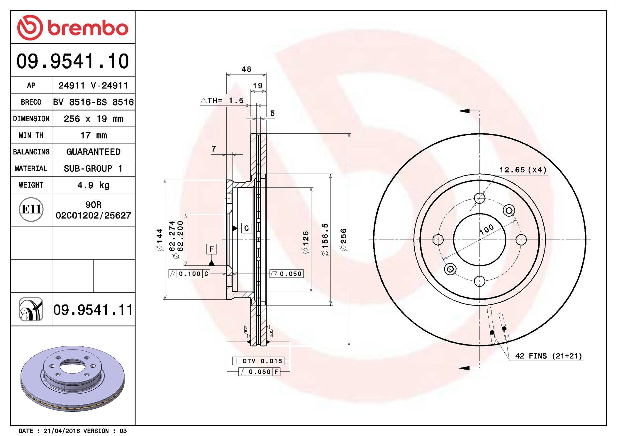 Тормоз дисковый передний Brembo 09954110 цена, от 35.88 USD