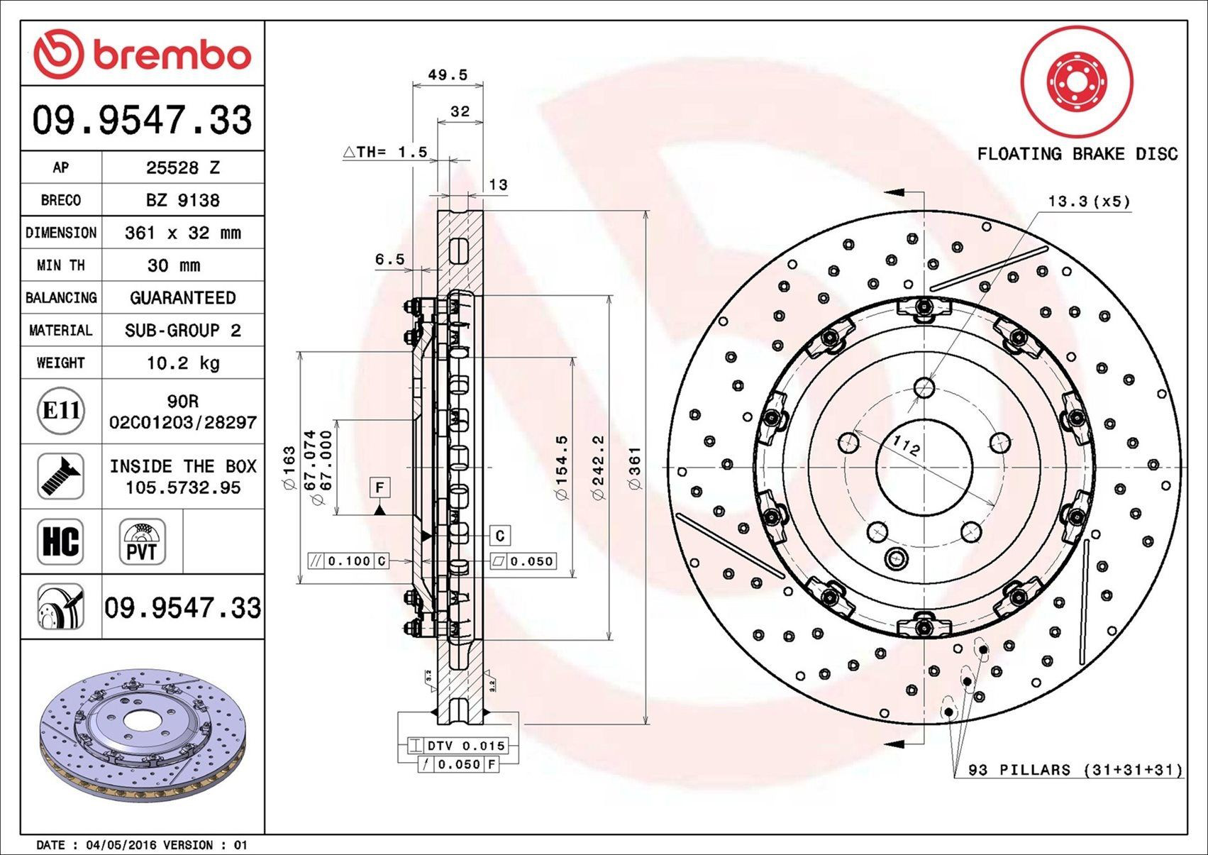 Тормоз дисковый передний Brembo 09954733 цена, от 623.67 USD