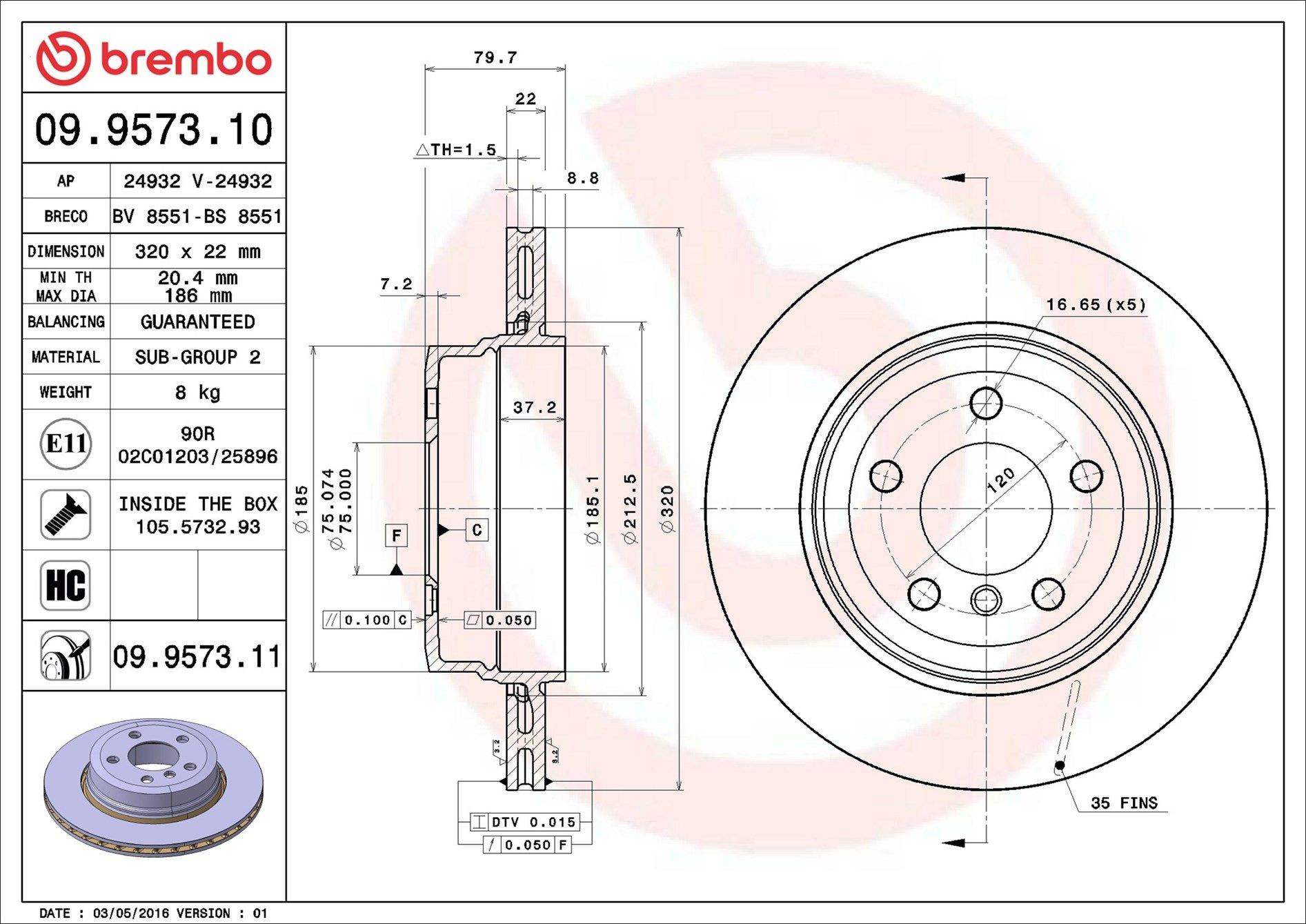 Тормозные диски 09957311 Brembo