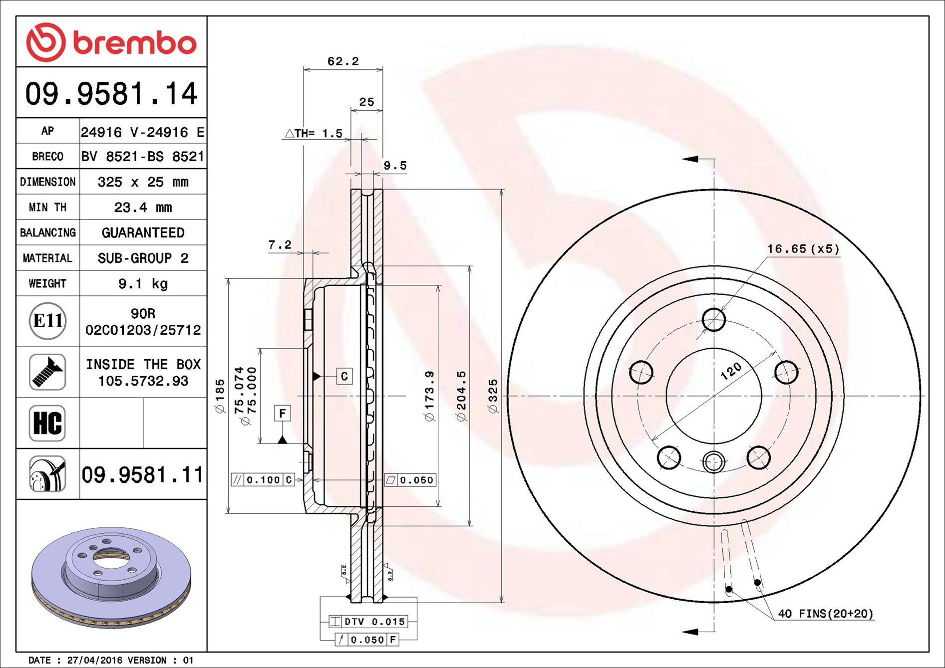 Тормоз дисковый передний Brembo 09958111 цена, от 77.69 USD