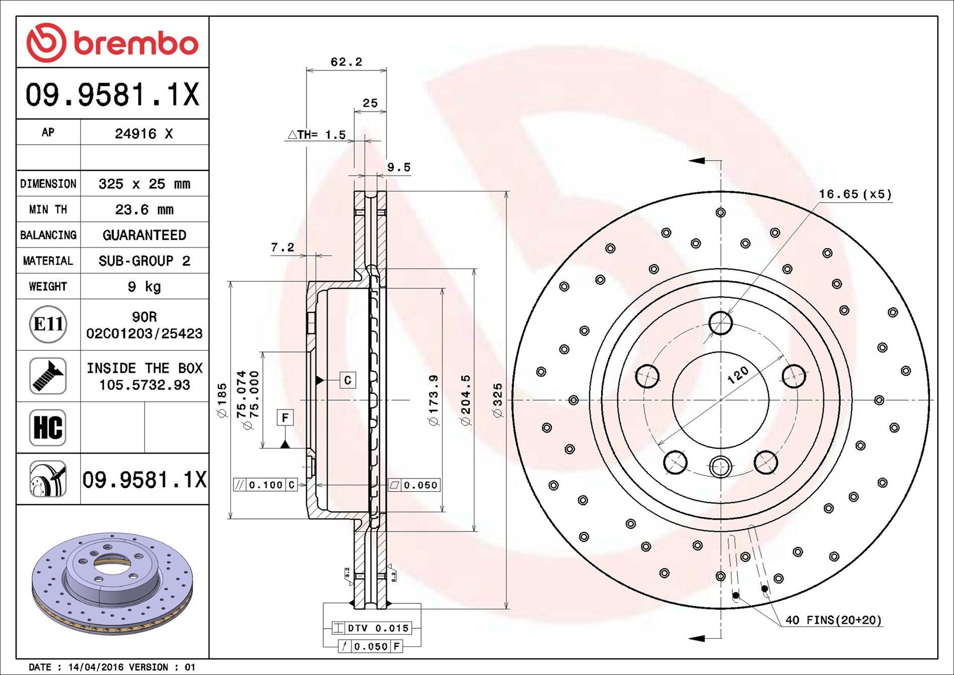 Тормоз дисковый передний Brembo 0995811X цена, от 125.75 USD