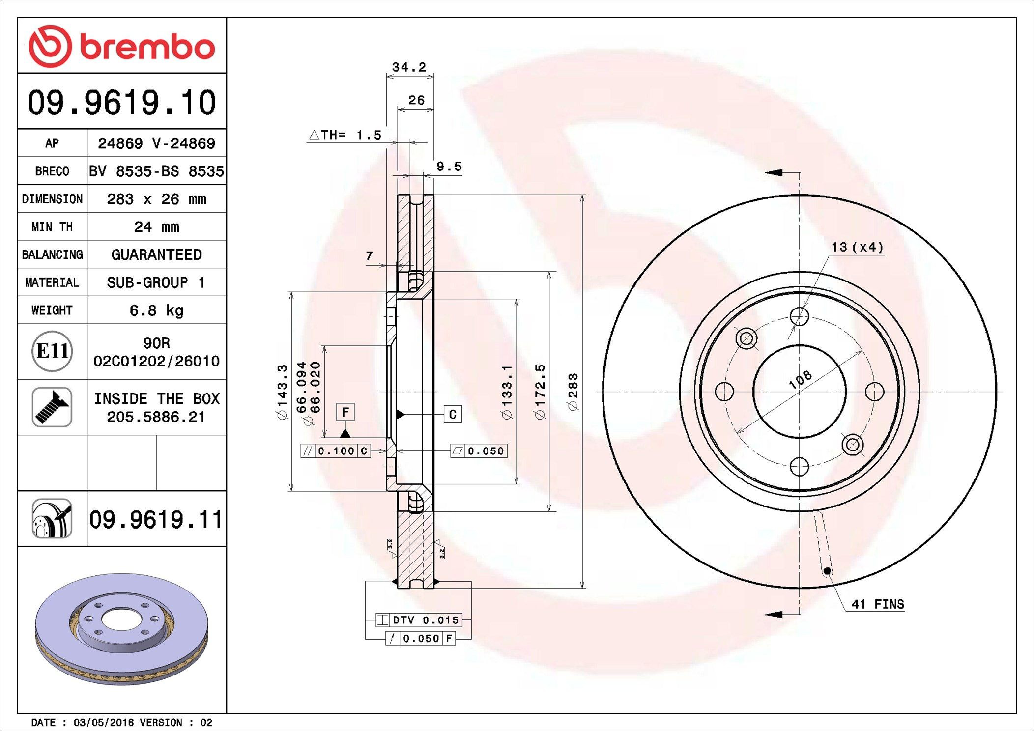 Тормоз дисковый передний Brembo 09961910 цена, от 47.47 USD