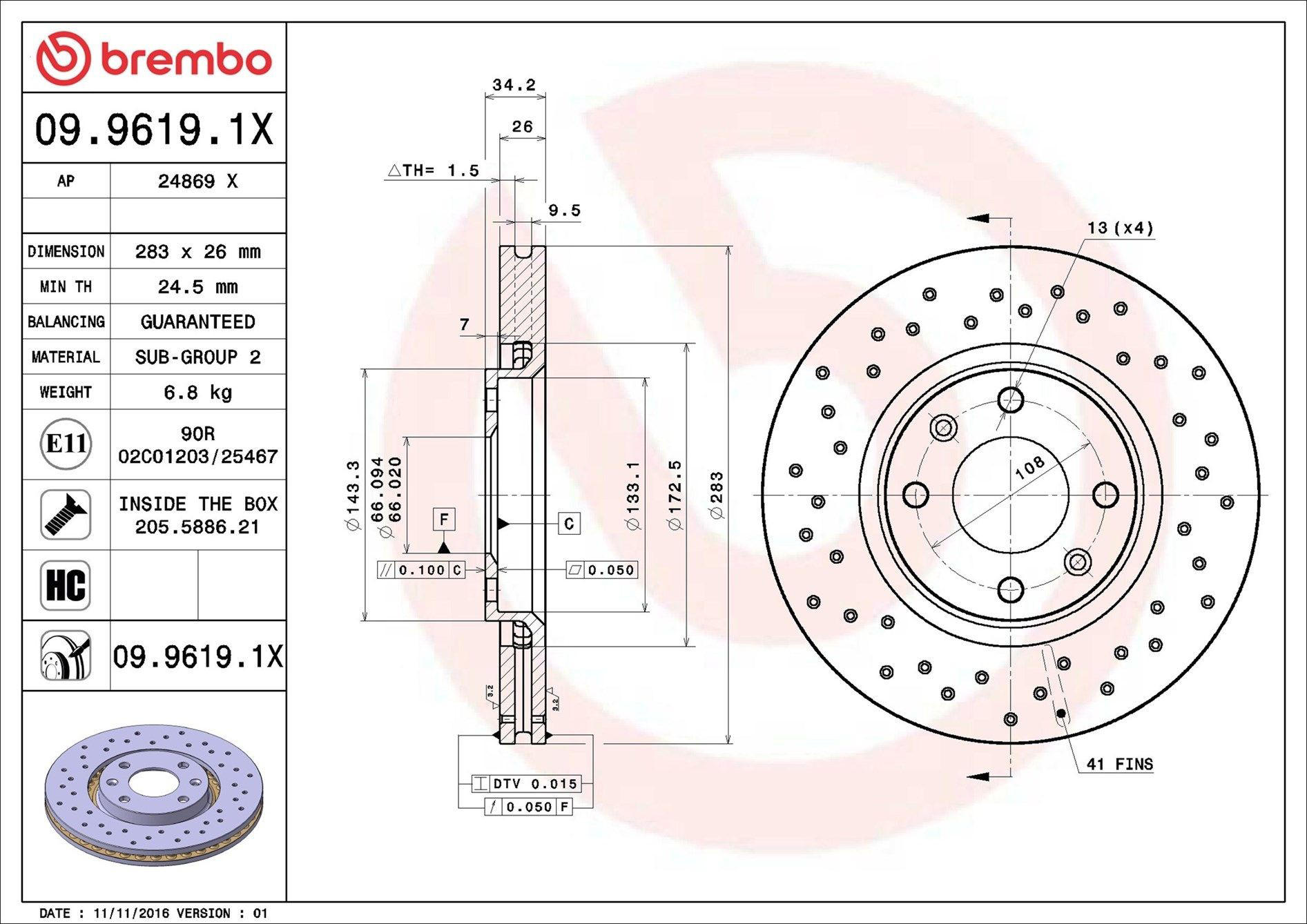 Тормоз дисковый передний Brembo 0996191X цена, от 52.19 USD