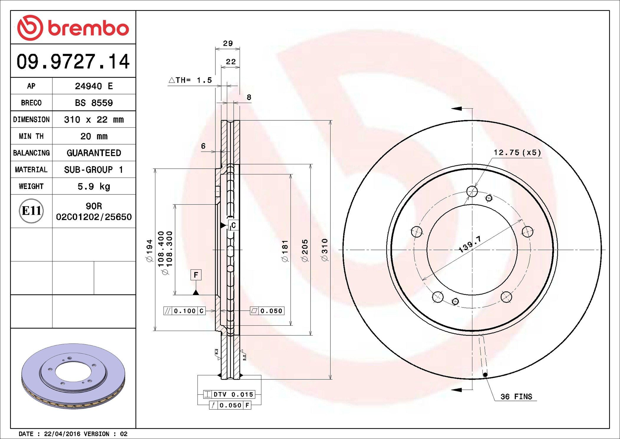 Тормоз дисковый передний Brembo 09972714 цена, от 43.42 USD