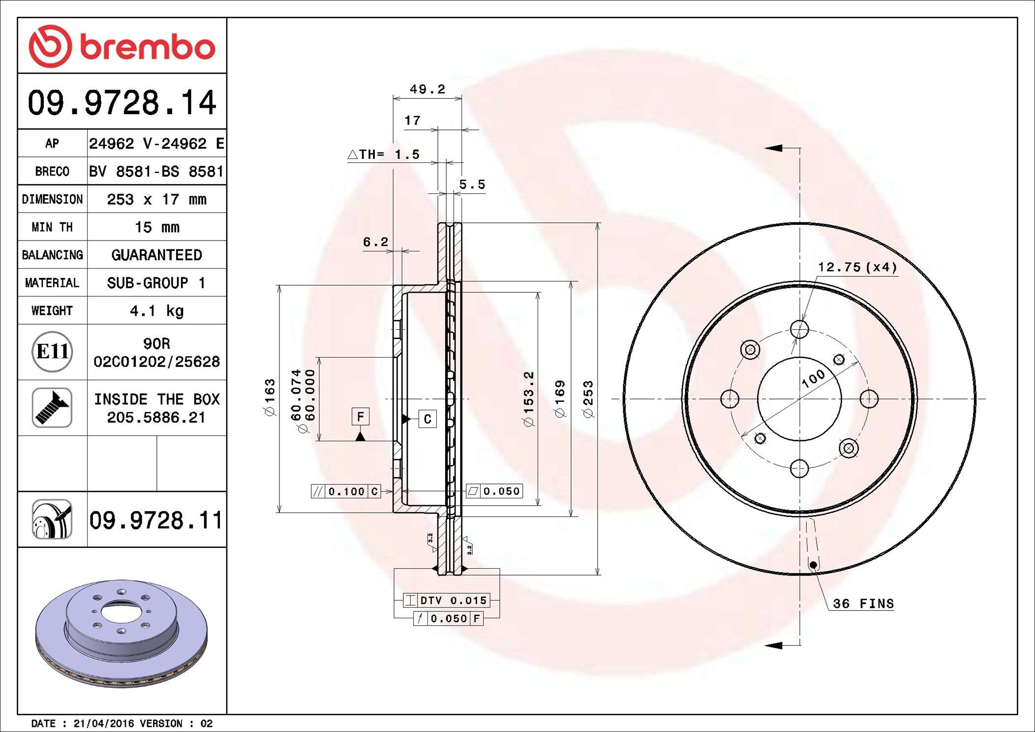 Тормоз дисковый передний Brembo 09972811 цена, от 29.11 USD