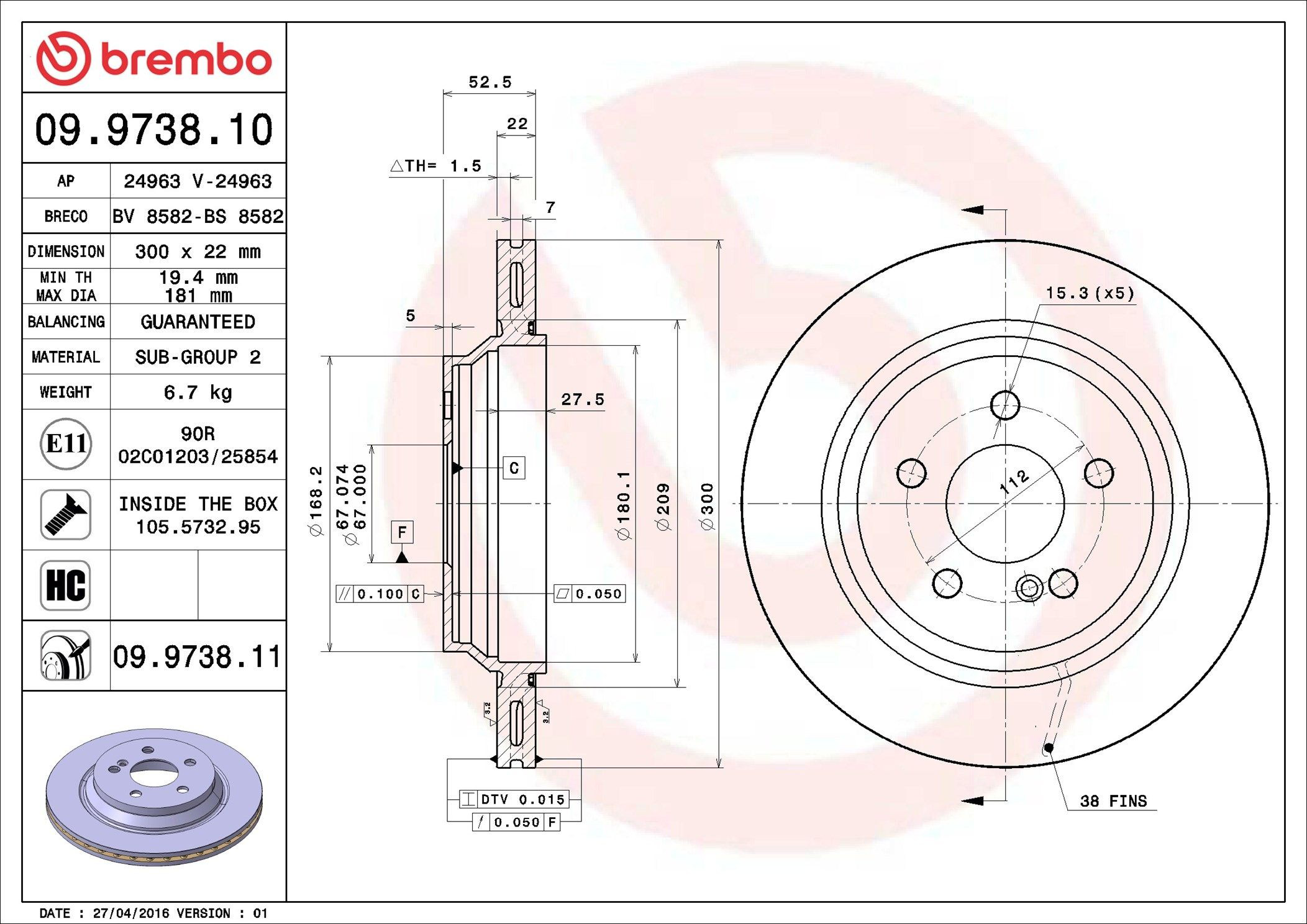 Задний тормозной диск Brembo 09973811 цена, от 57.19 USD
