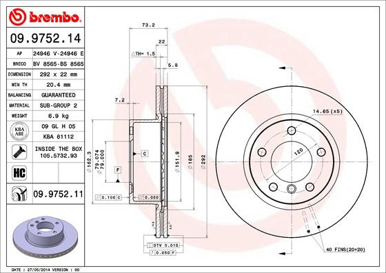 Передние тормозные диски 09975211 Brembo