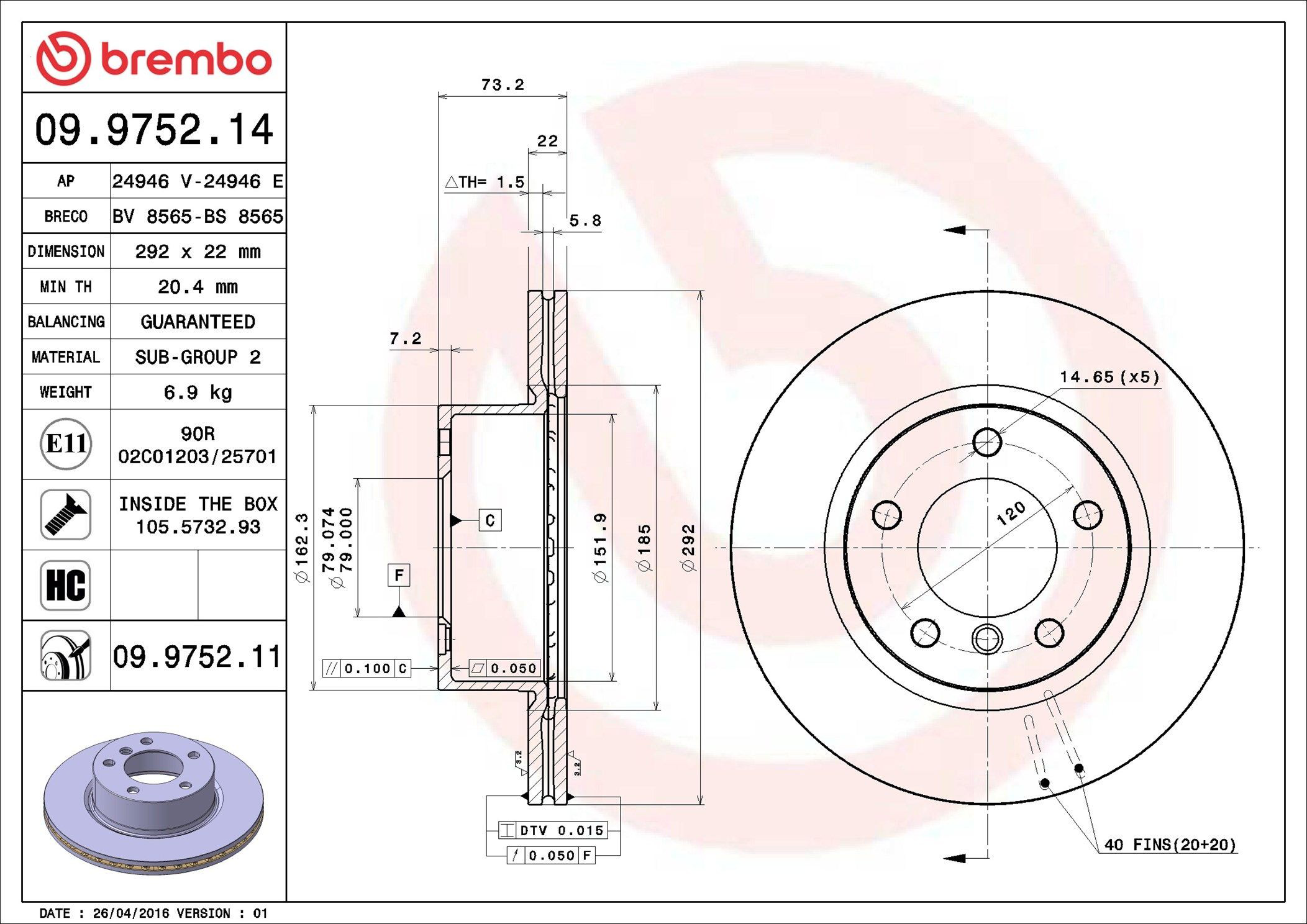Тормоз дисковый передний Brembo 09975211 цена, от 56.08 USD