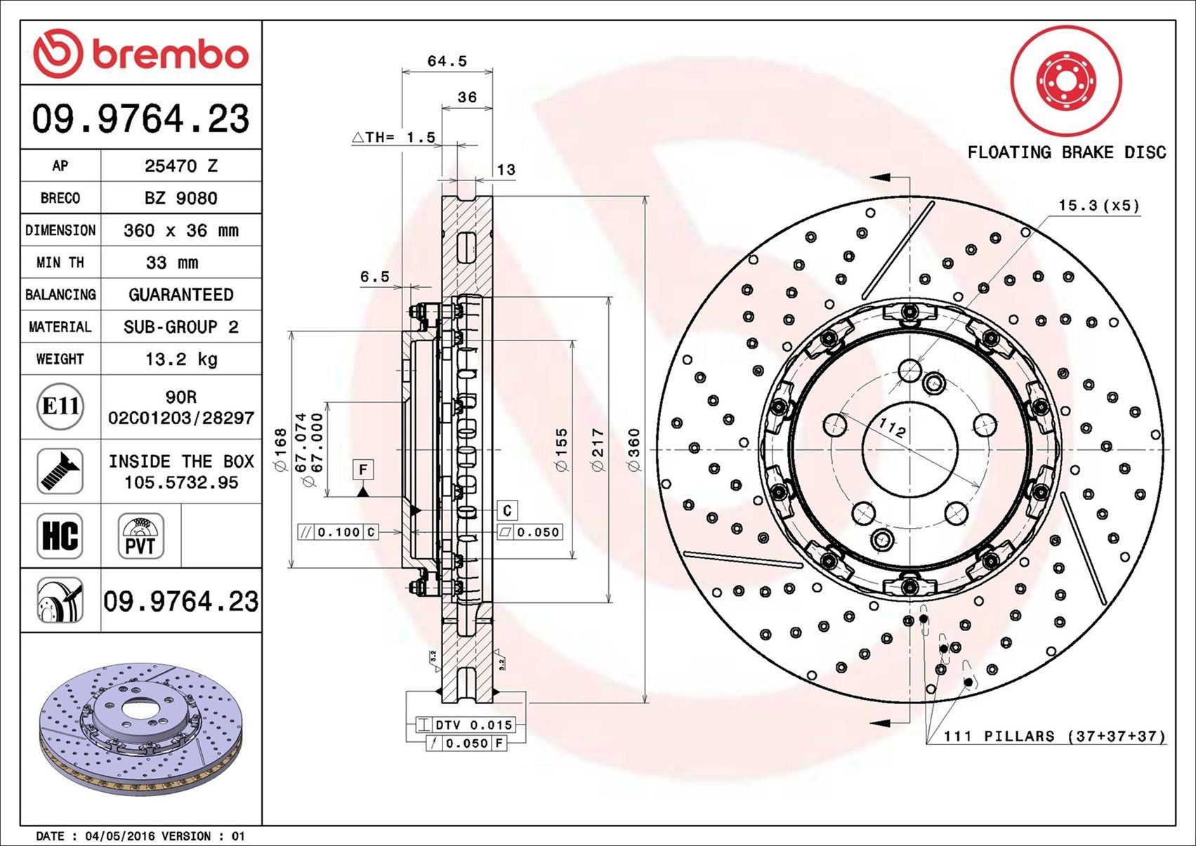 Тормоз дисковый передний Brembo 09976423 цена, от 530.30 USD