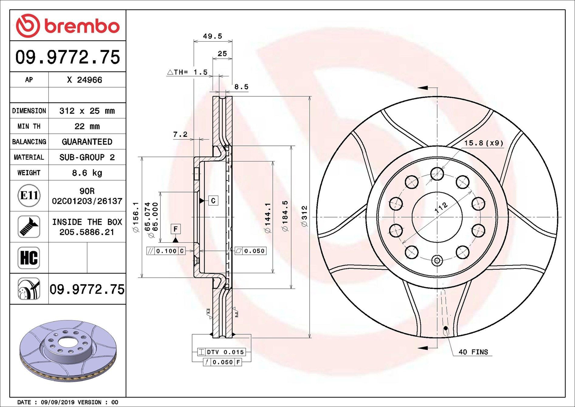 Передний тормозной диск Brembo 09977275