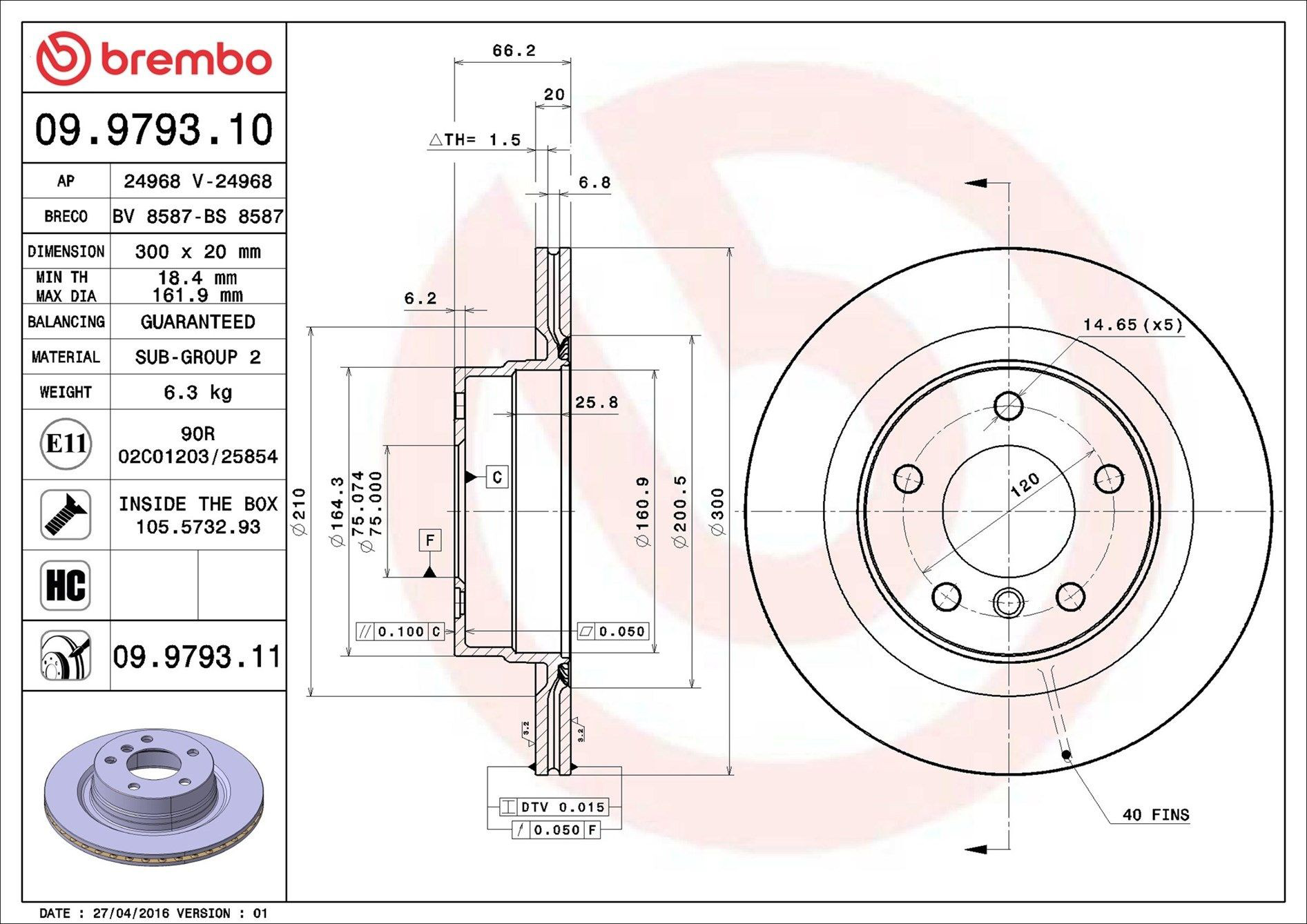 Задний дисковый тормоз Brembo 09979311