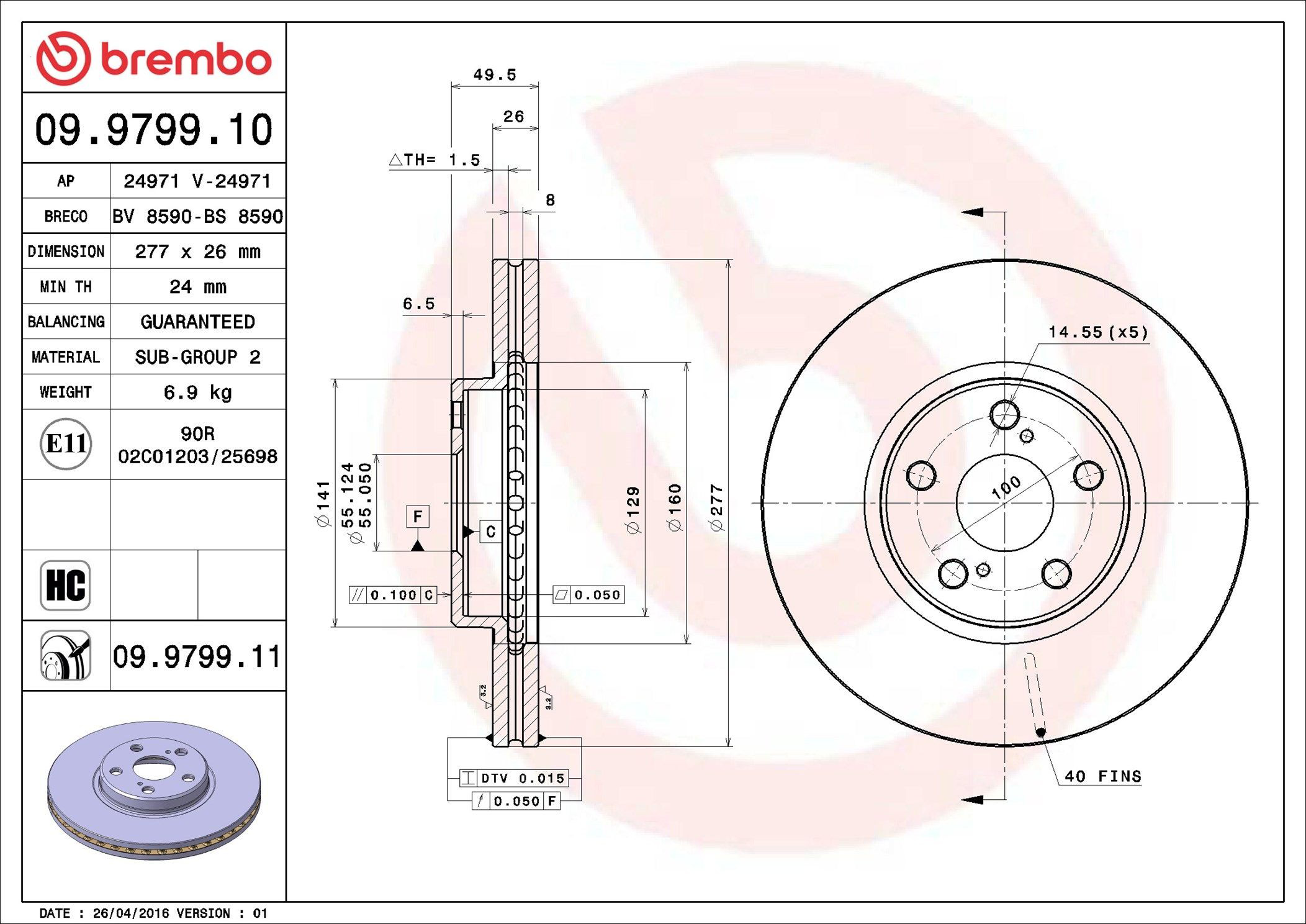 Тормоз дисковый передний Brembo 09979911 цена, от 54.25 USD