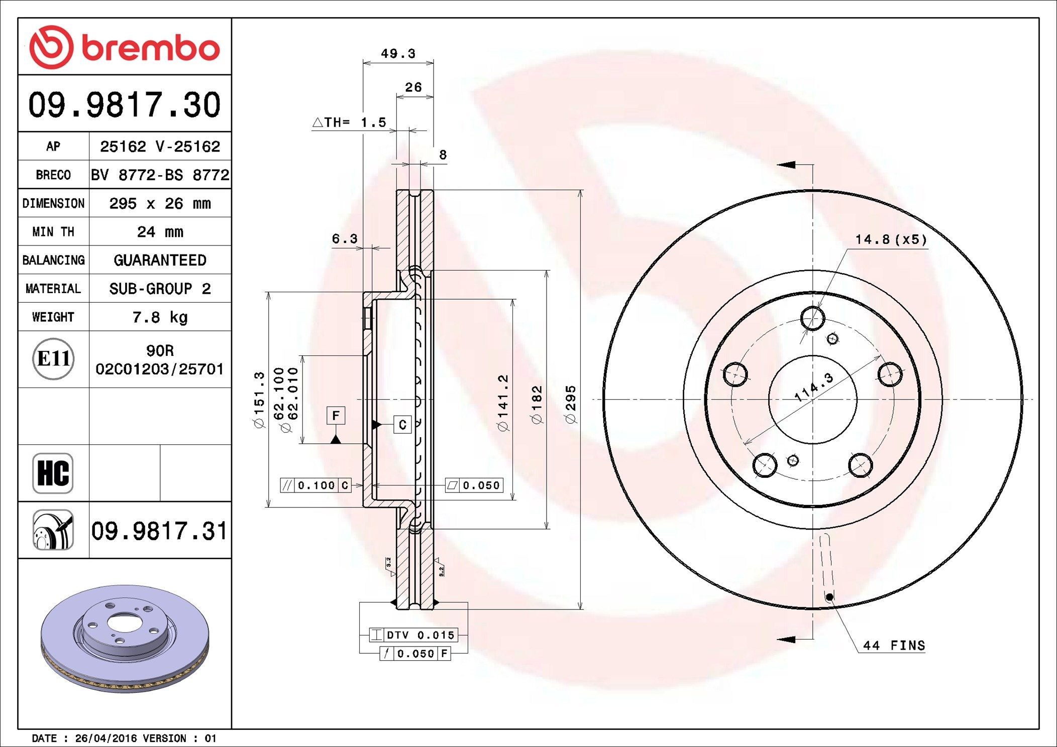 Передний тормозной диск Brembo 09981731
